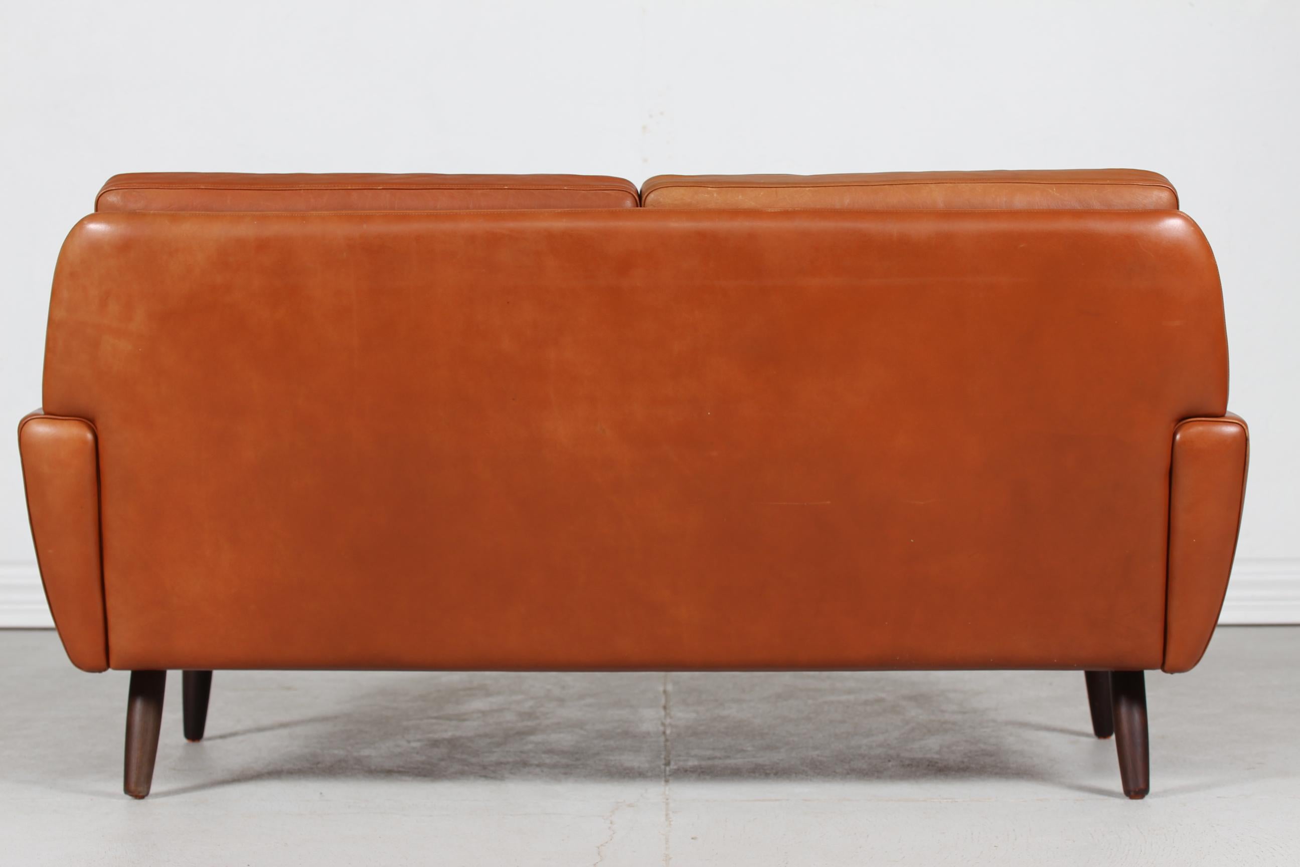 Mid-20th Century Danish Modern Two-Seat Sofa with Cognac-Colored Leather Made in Denmark 1960s For Sale
