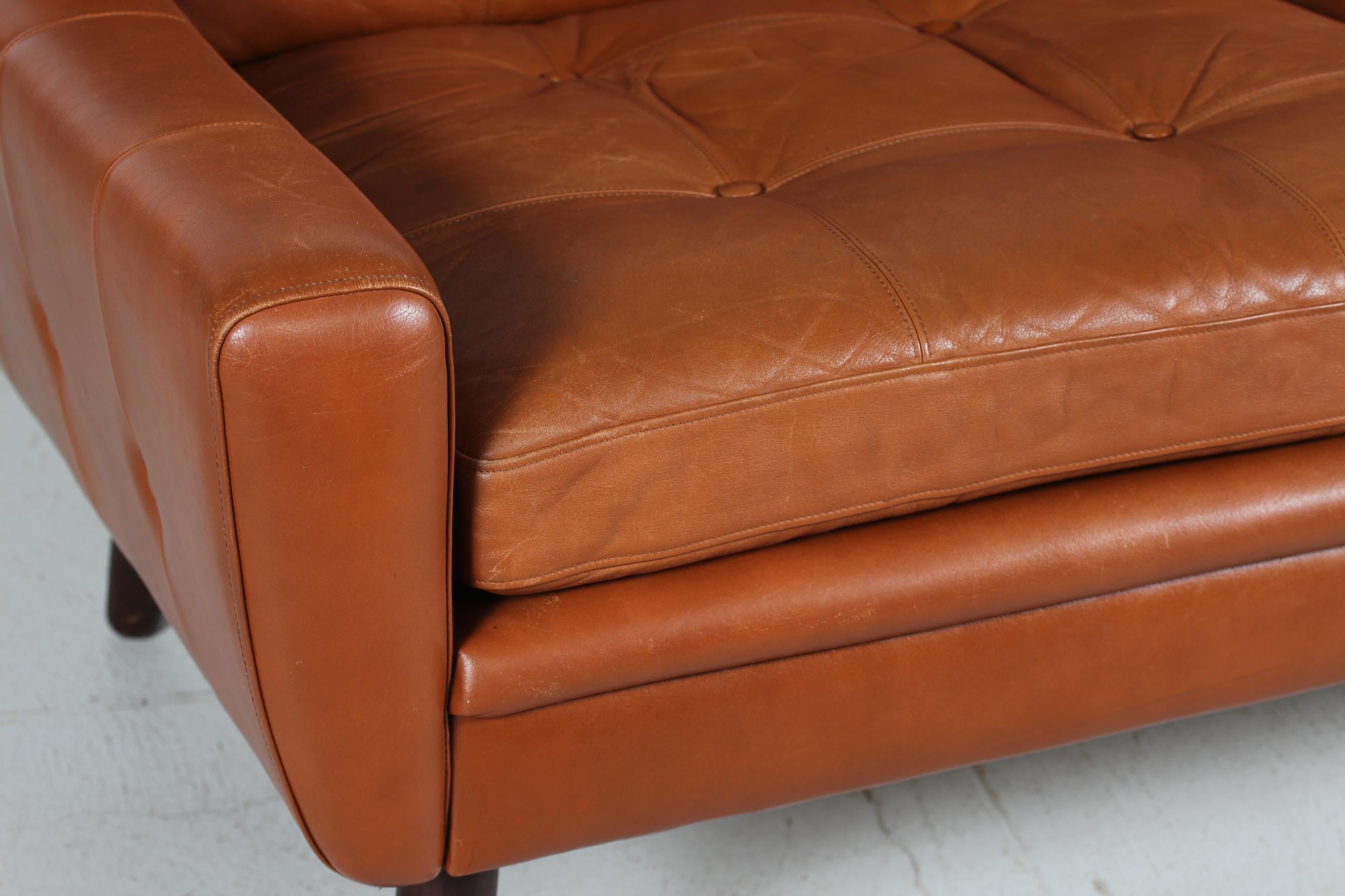 Danish Modern Two-Seat Sofa with Cognac-Colored Leather Made in Denmark 1960s For Sale 2