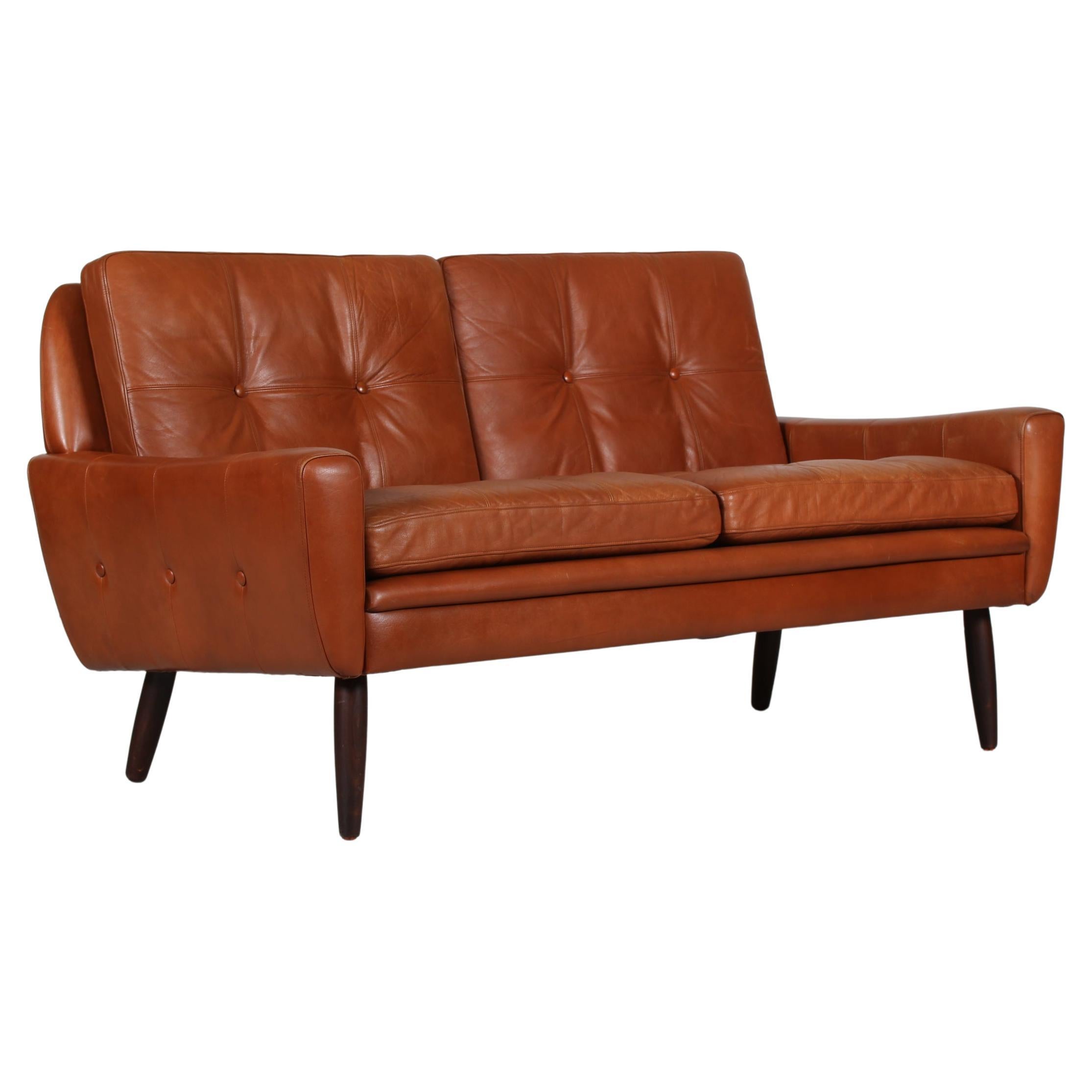 Danish Modern Two-Seat Sofa with Cognac-Colored Leather Made in Denmark 1960s For Sale