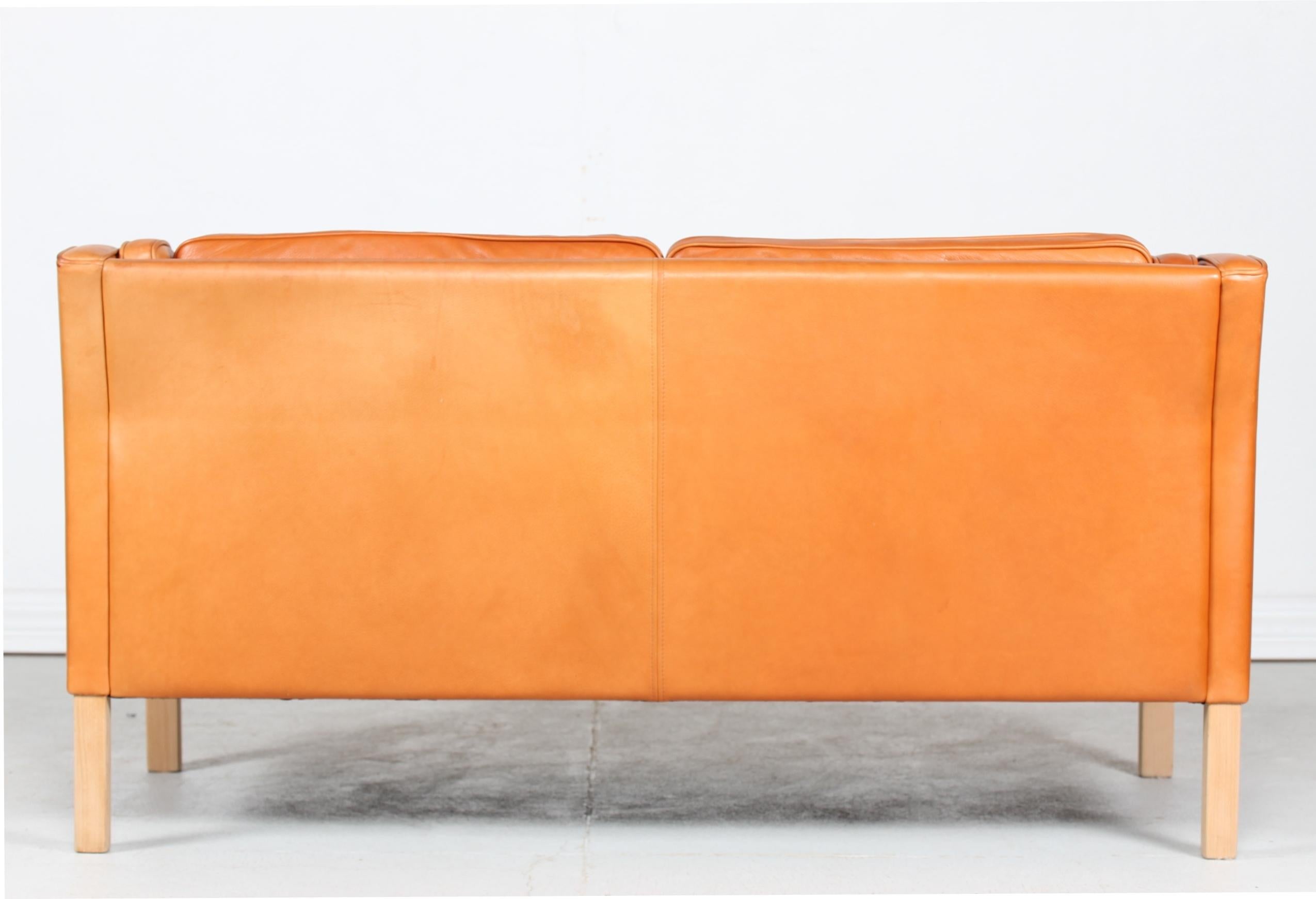 Mid-Century Modern Danish Modern Two-Seat Sofa with Cognac-Colored Patina Leather Made in Denmark
