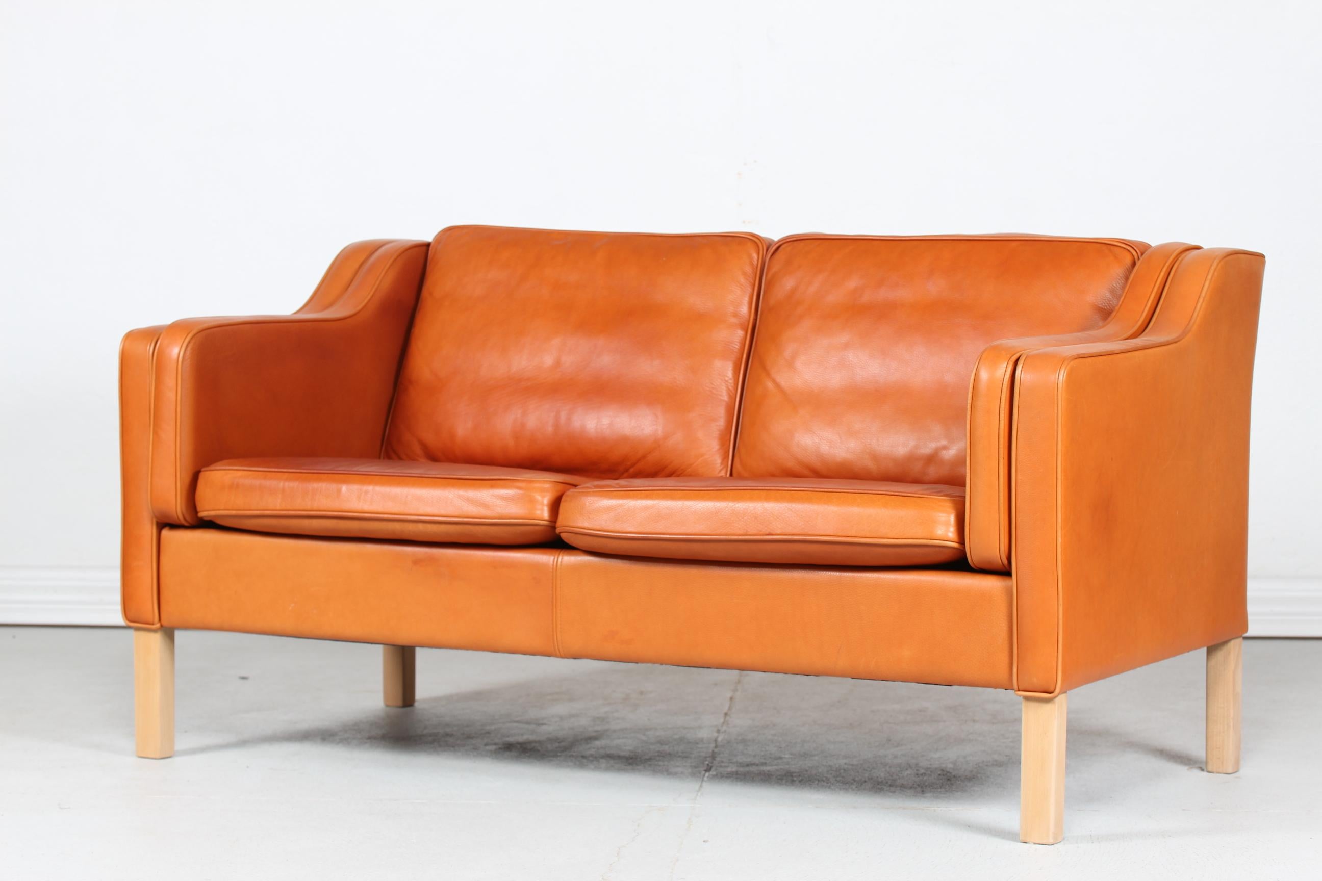 Late 20th Century Danish Modern Two-Seat Sofa with Cognac-Colored Patina Leather Made in Denmark