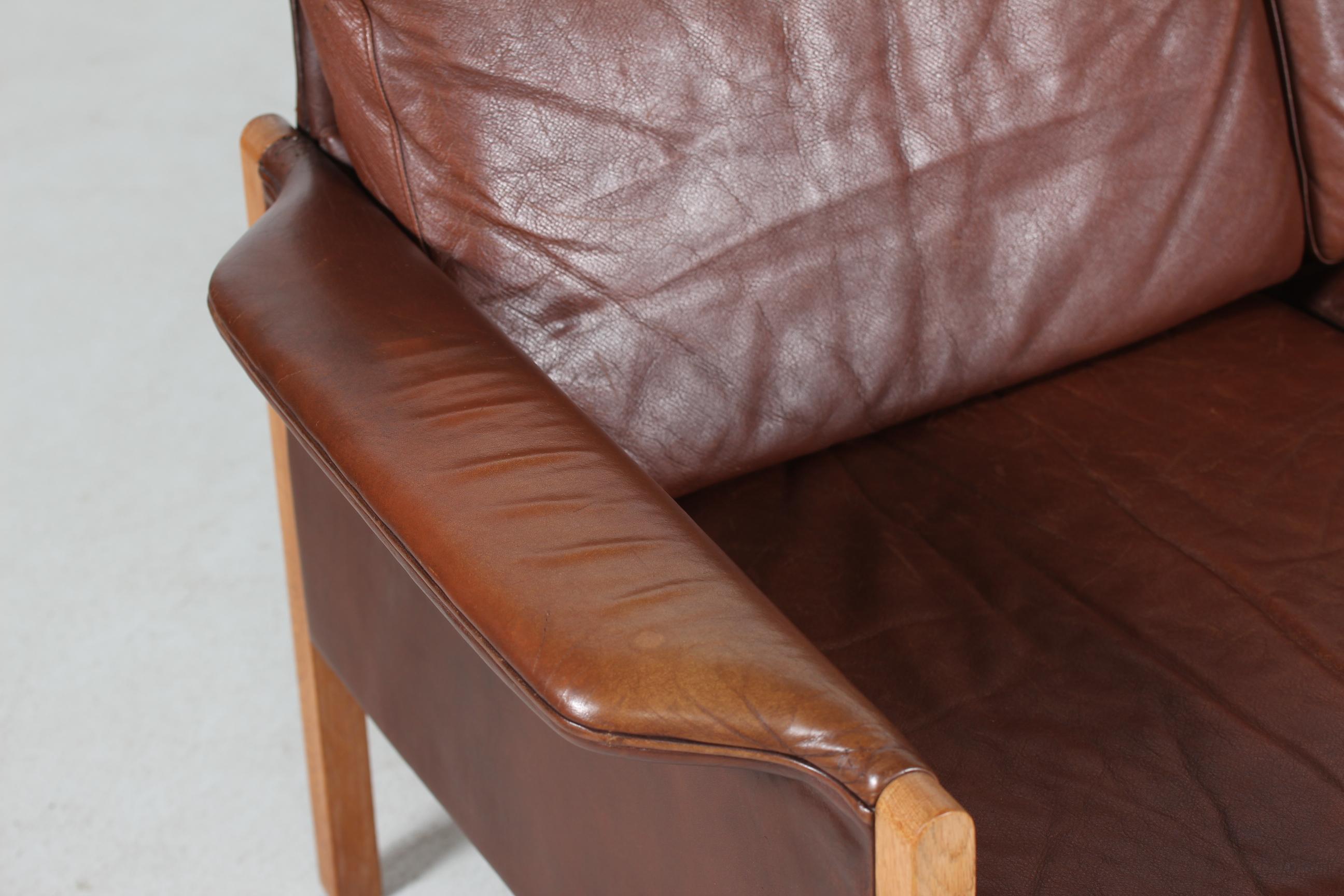 Mid-Century Modern Finn Juhl style Two-Seat Sofa with Dark Cognac-Colored Leather Made in Denmark For Sale