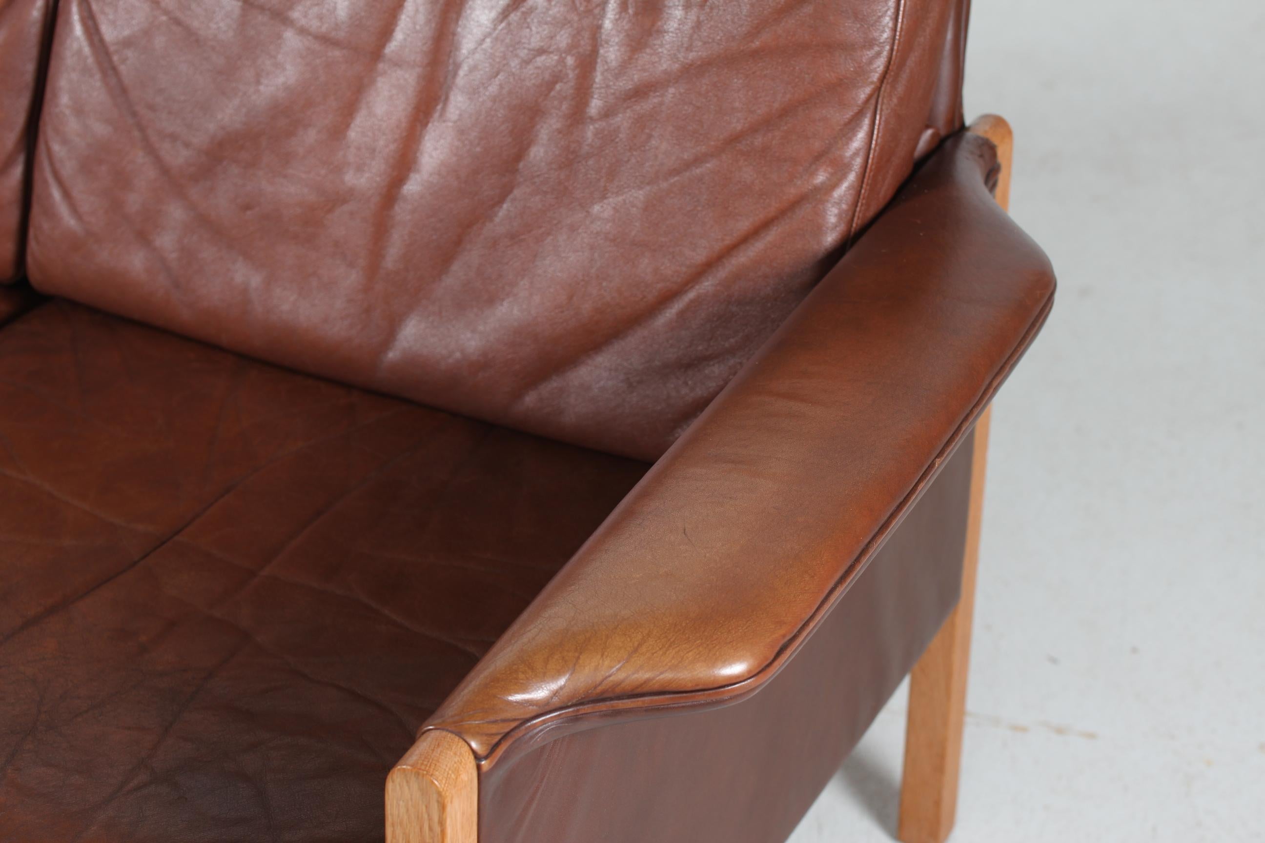 Danish Finn Juhl style Two-Seat Sofa with Dark Cognac-Colored Leather Made in Denmark For Sale