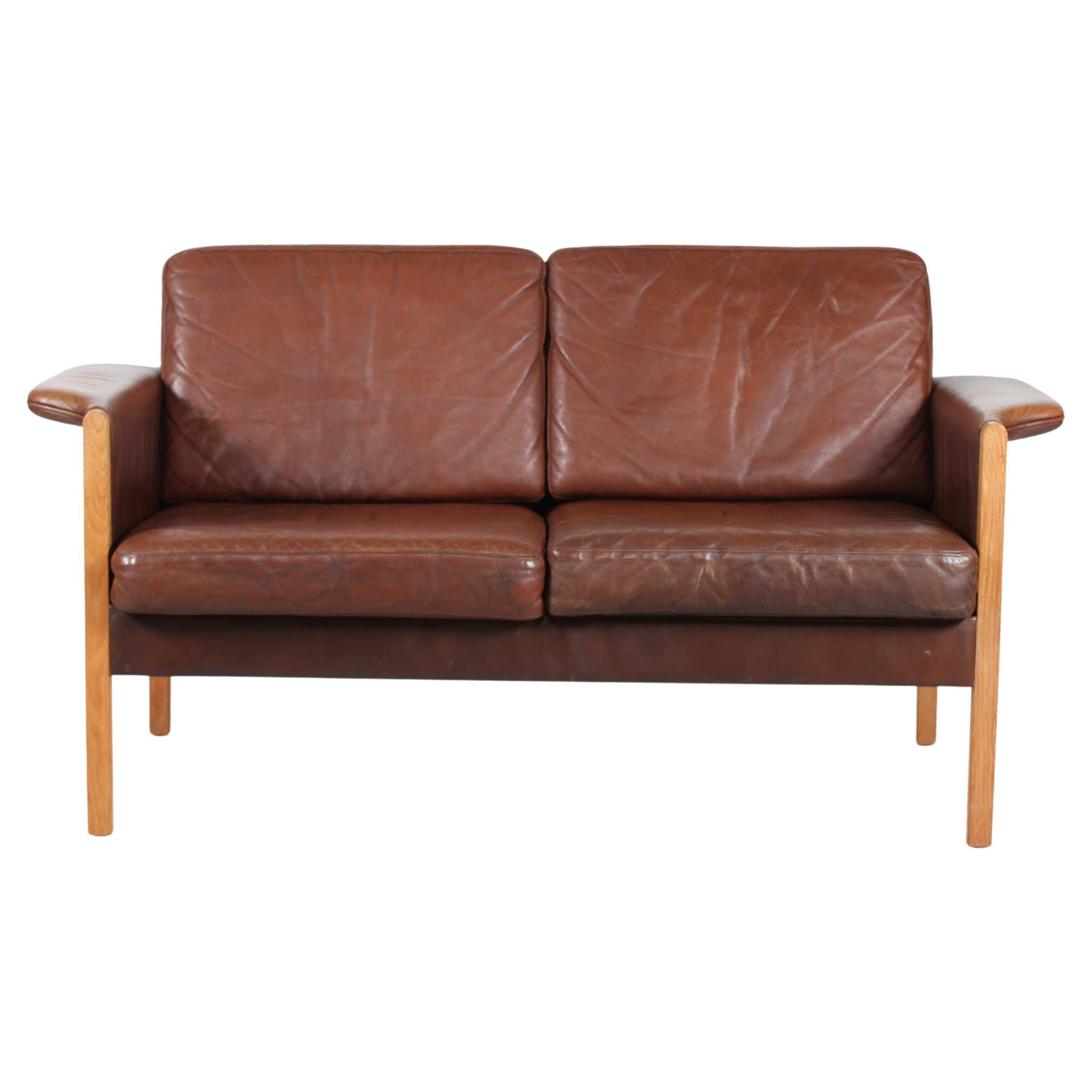 Finn Juhl style Two-Seat Sofa with Dark Cognac-Colored Leather Made in Denmark For Sale