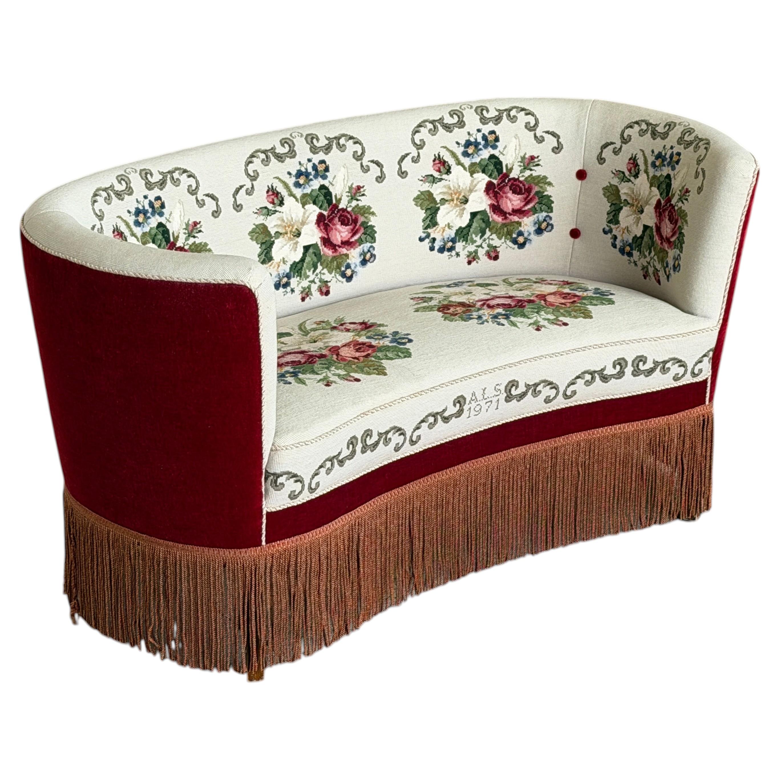 Danish Modern, Two-Seater Sofa in Velour with Floral Upholstery, 1970s For Sale
