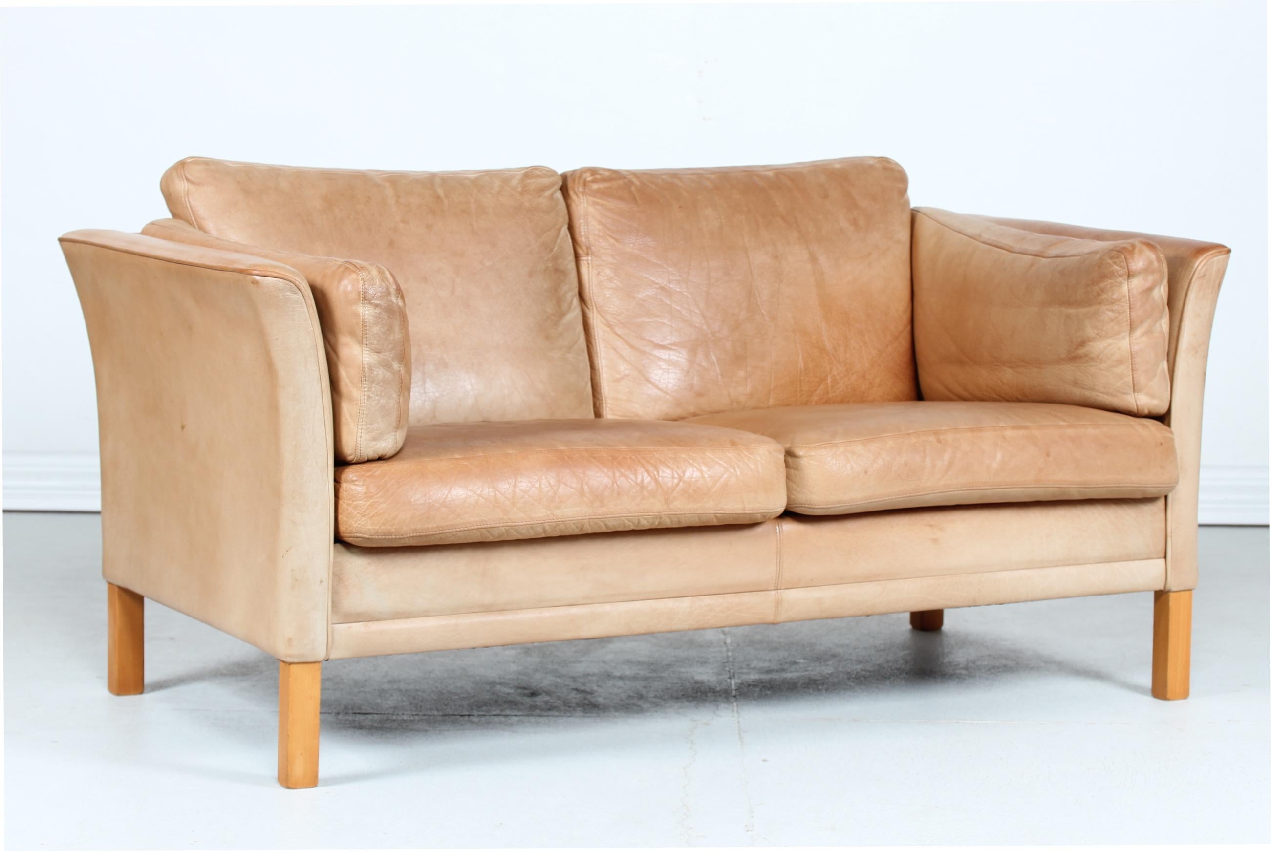 Mid-Century Modern Danish Modern Two-Seat Sofa with Cognac-Colored Patina Leather Made in Danmark