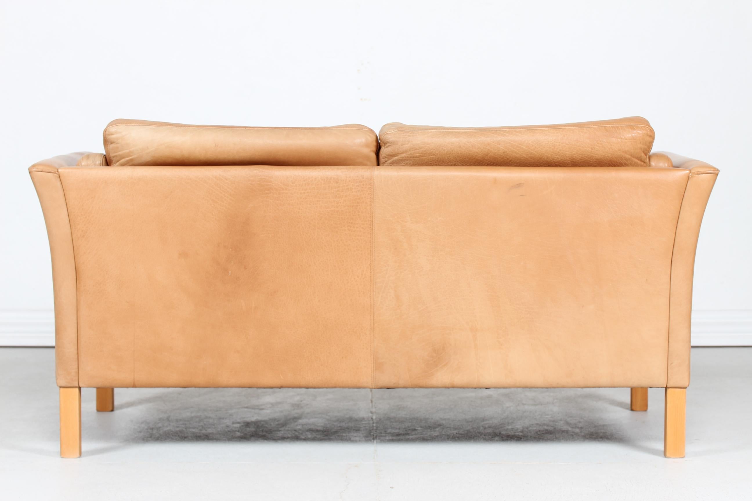 Danish Modern Two-Seat Sofa with Cognac-Colored Patina Leather Made in Danmark 2
