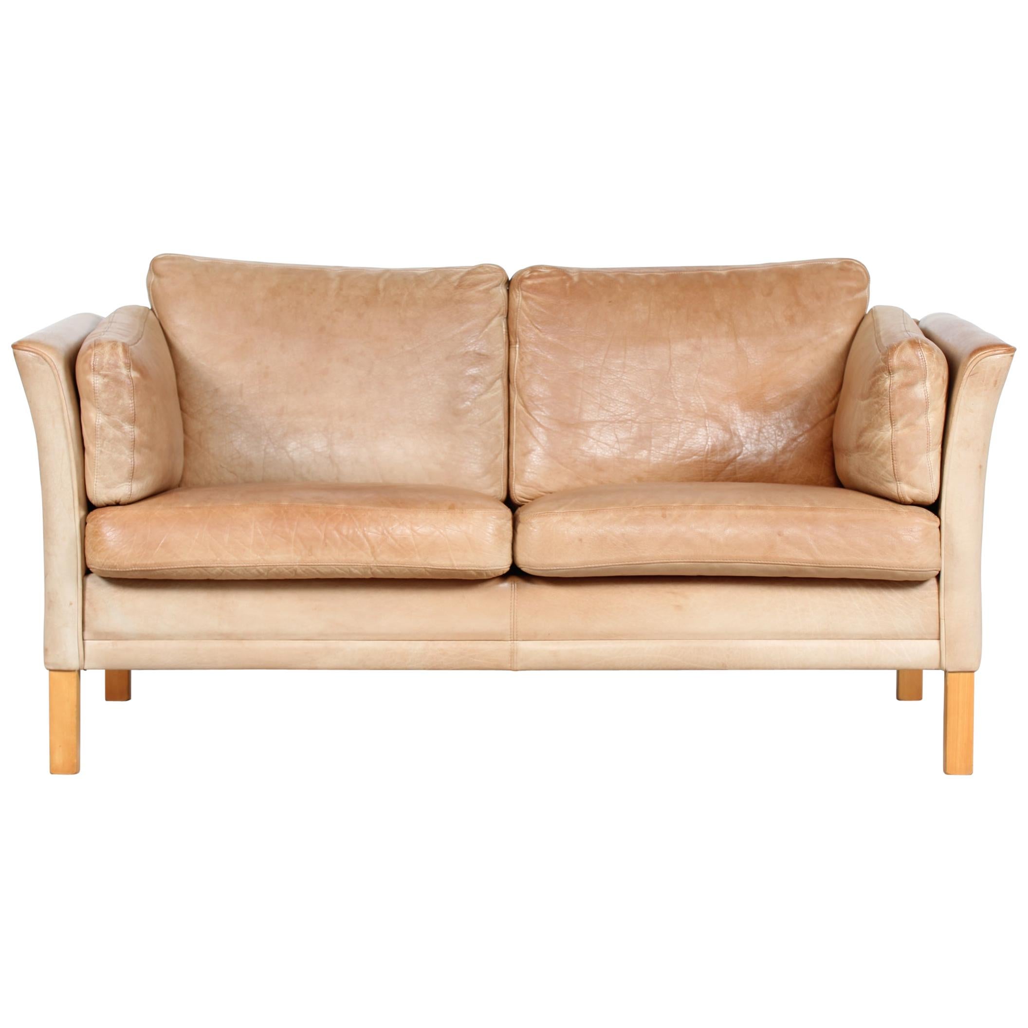 Danish Modern Two-Seat Sofa with Cognac-Colored Patina Leather Made in Danmark