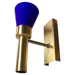 Vintage Danish Modern Wall Sconce in Blue Glass & Brass from Vitrika