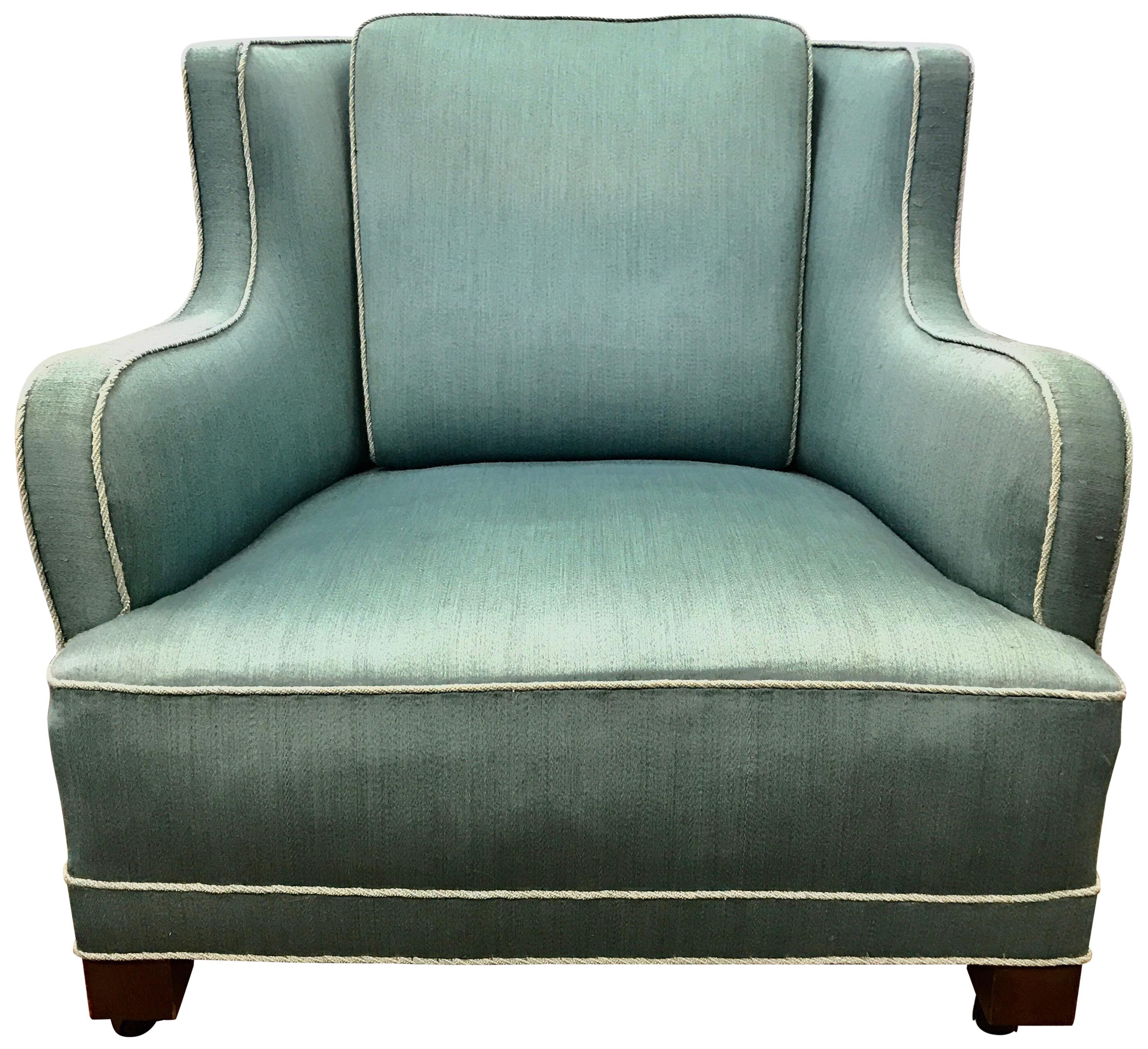Danish Modern Upholstered Wool Aquamarine Blue Lounge Chair