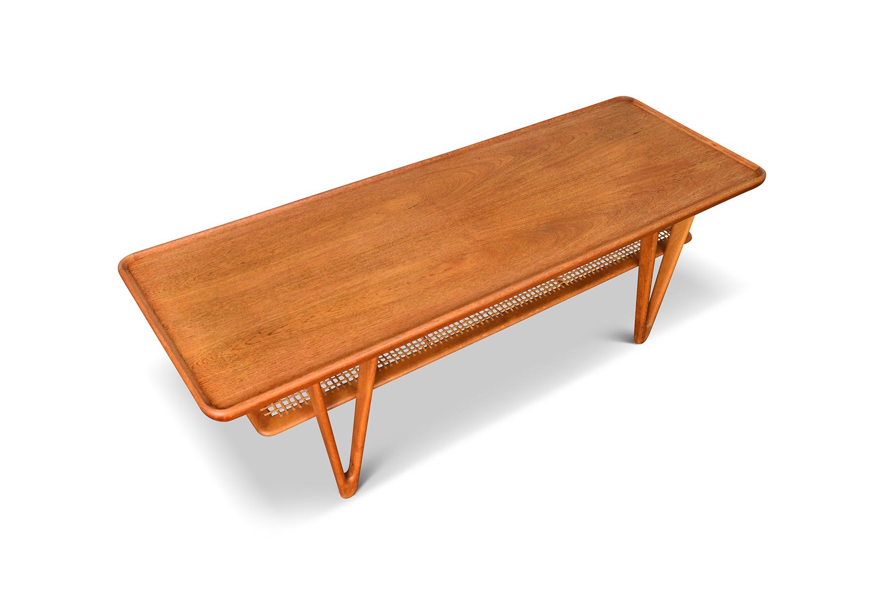 Danish Modern V-Legged Teak + Cane Coffee Table In Excellent Condition In Berkeley, CA