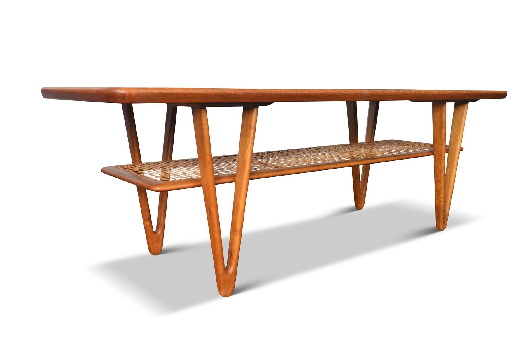 20th Century Danish Modern V-Legged Teak + Cane Coffee Table