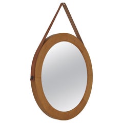 Danish Modern Vintage Oval Mirror in Oak with Leather Strap, 1967