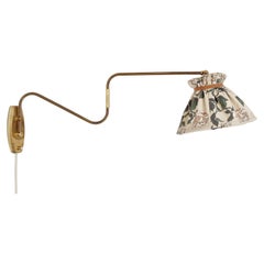 Danish Modern Wall Lamp in Brass & Fabric Shade with Flowers, Denmark, 1950s