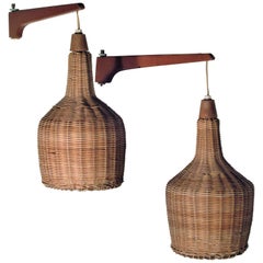 Danish Modern Wall Mount Teak and Wicker Pendant Lamps