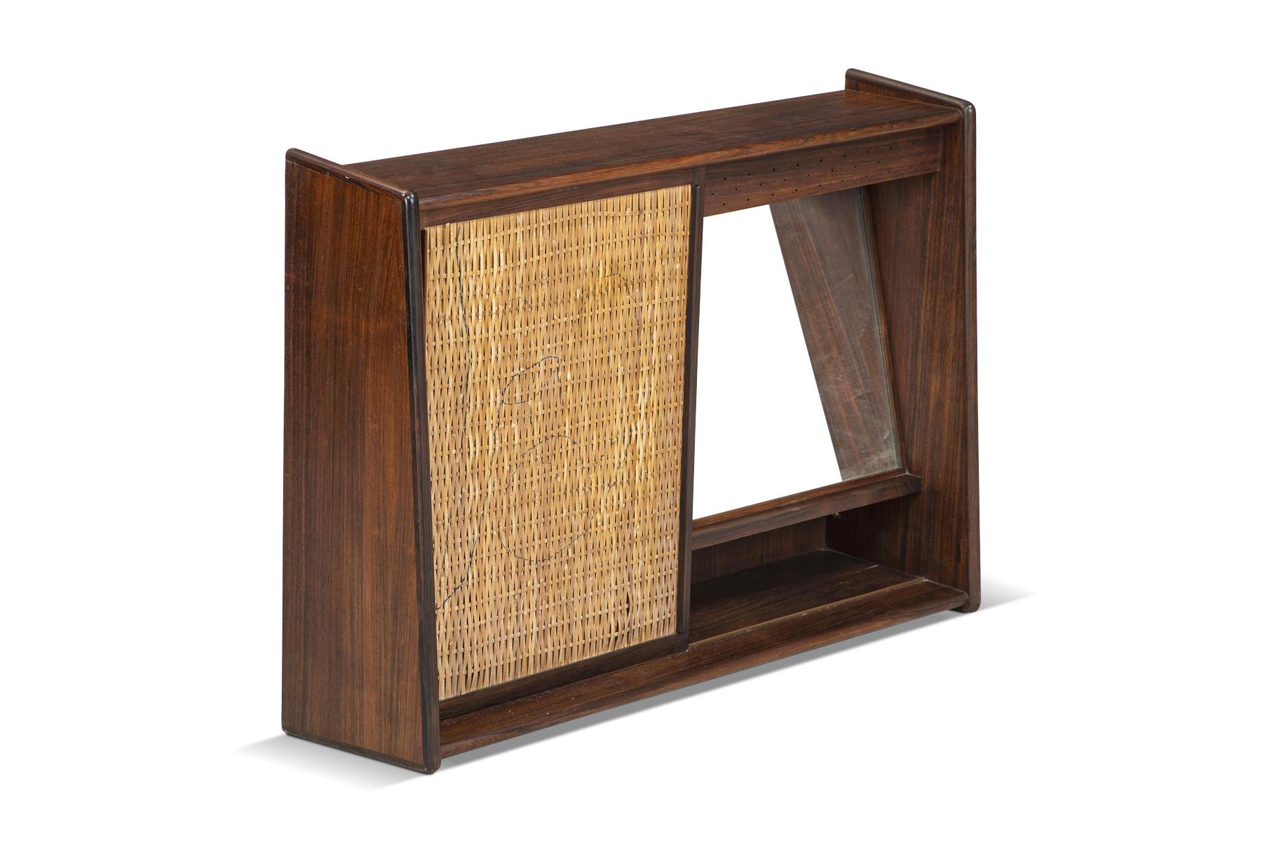 Mid-Century Modern Danish Modern Wall Mounted Rosewood + Cane Vanity D For Sale