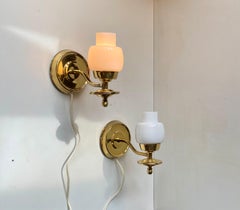 Danish Modern Wall Sconces in White Glass & Brass, 1970s
