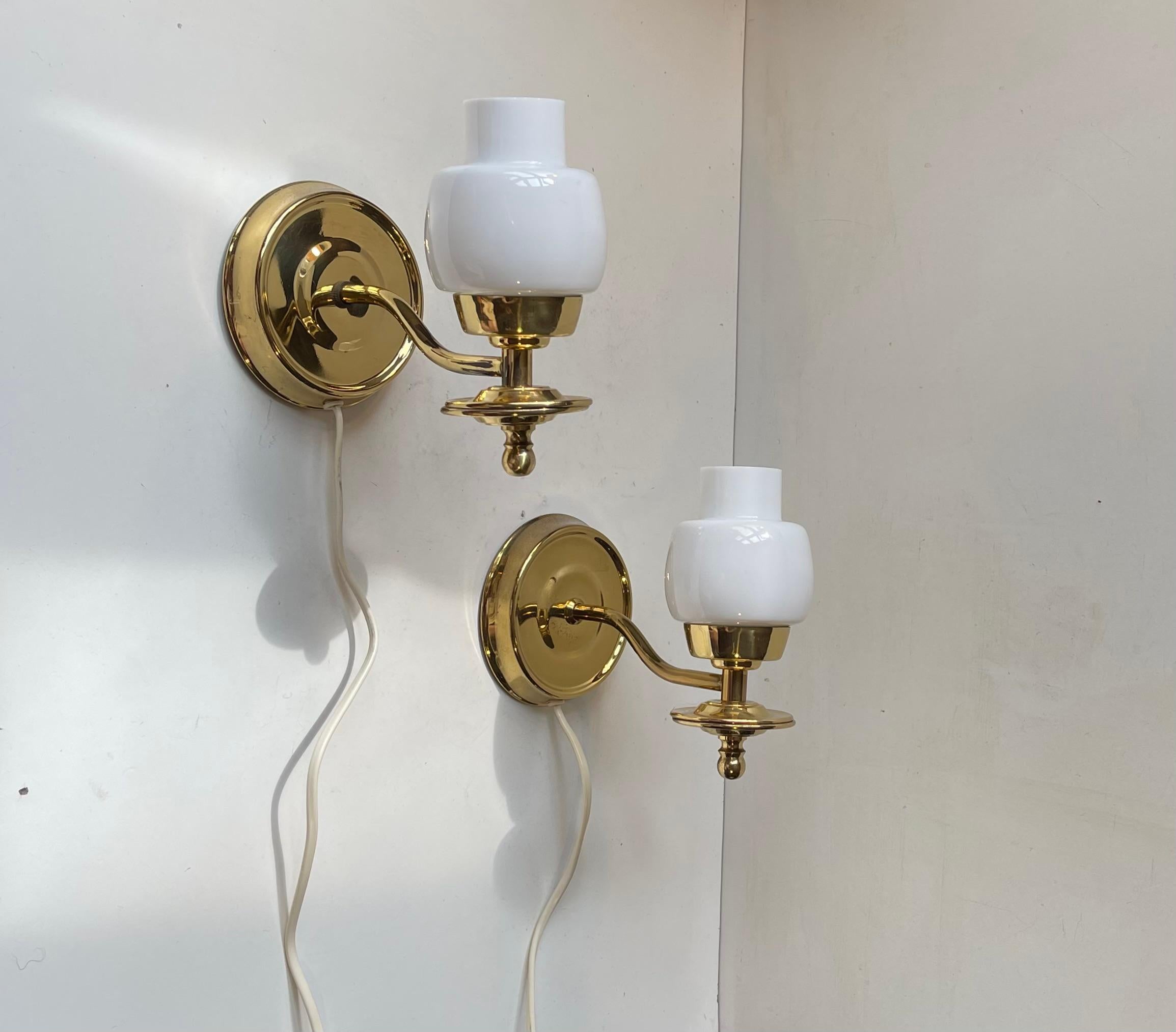 Scandinavian Modern Danish Modern Wall Sconces in White Glass & Brass, 1970s For Sale