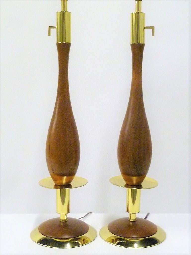 Danish Modern Walnut and Brass Stylized Candlestick Table Lamps, a Pair For Sale 4
