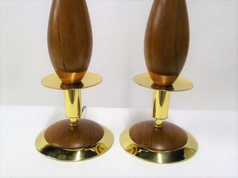American Danish Modern Walnut and Brass Stylized Candlestick Table Lamps, a Pair For Sale