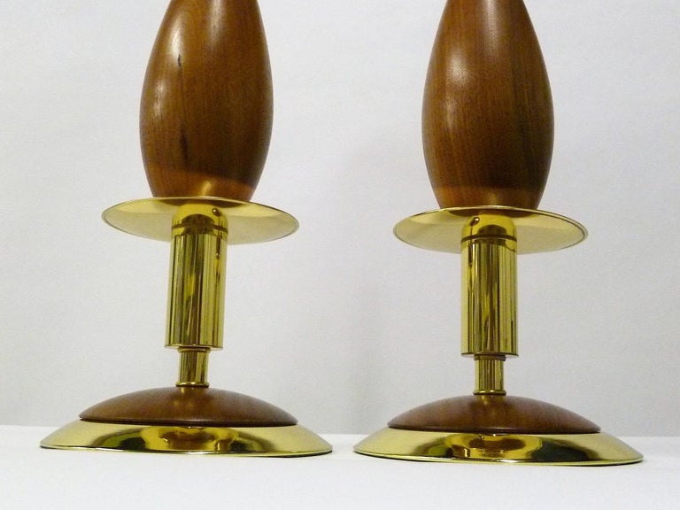 Danish Modern Walnut and Brass Stylized Candlestick Table Lamps, a Pair In Excellent Condition For Sale In Miami, FL
