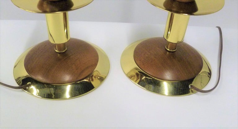 Mid-20th Century Danish Modern Walnut and Brass Stylized Candlestick Table Lamps, a Pair For Sale