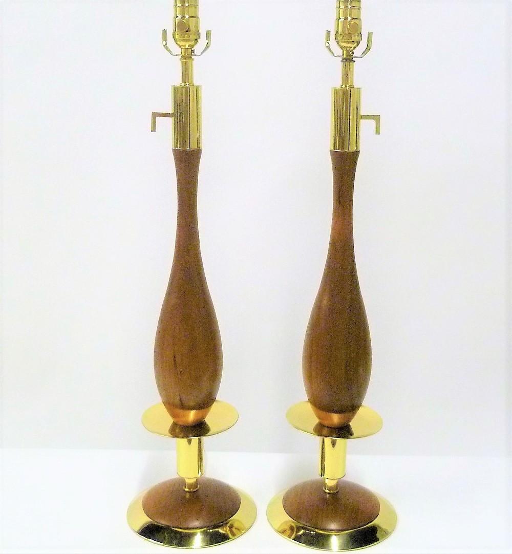 Danish Modern Walnut and Brass Stylized Candlestick Table Lamps, a Pair 1