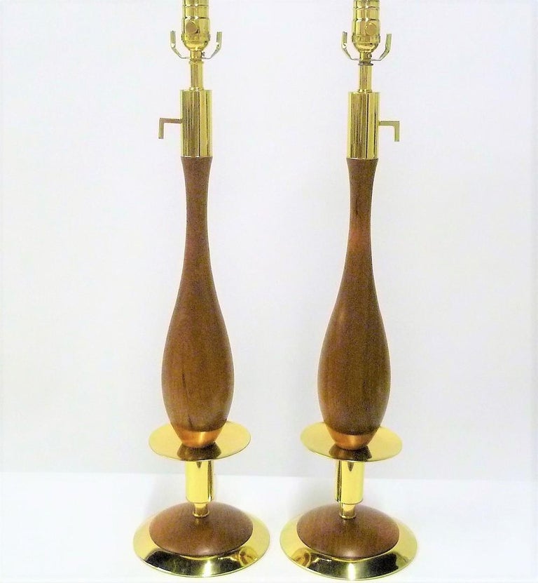 Danish Modern Walnut and Brass Stylized Candlestick Table Lamps, a Pair For Sale 1