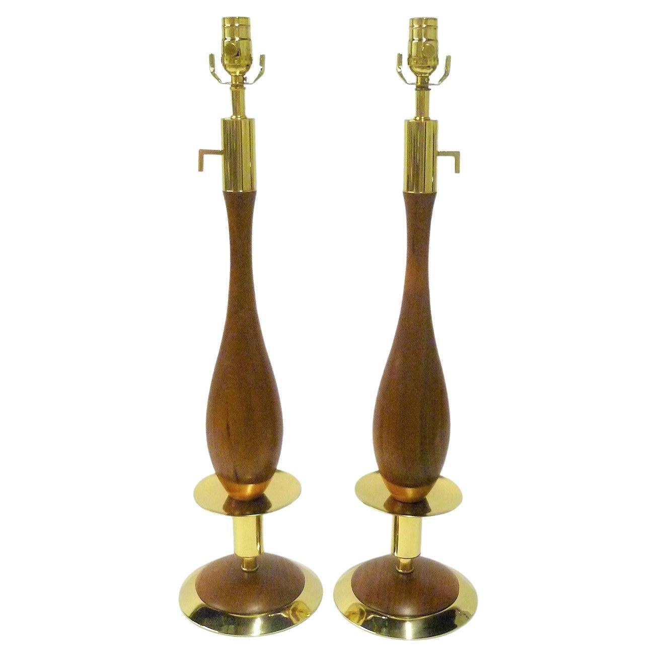 Danish Modern Walnut and Brass Stylized Candlestick Table Lamps, a Pair