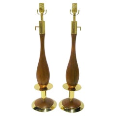 Danish Modern Walnut and Brass Stylized Candlestick Table Lamps, a Pair