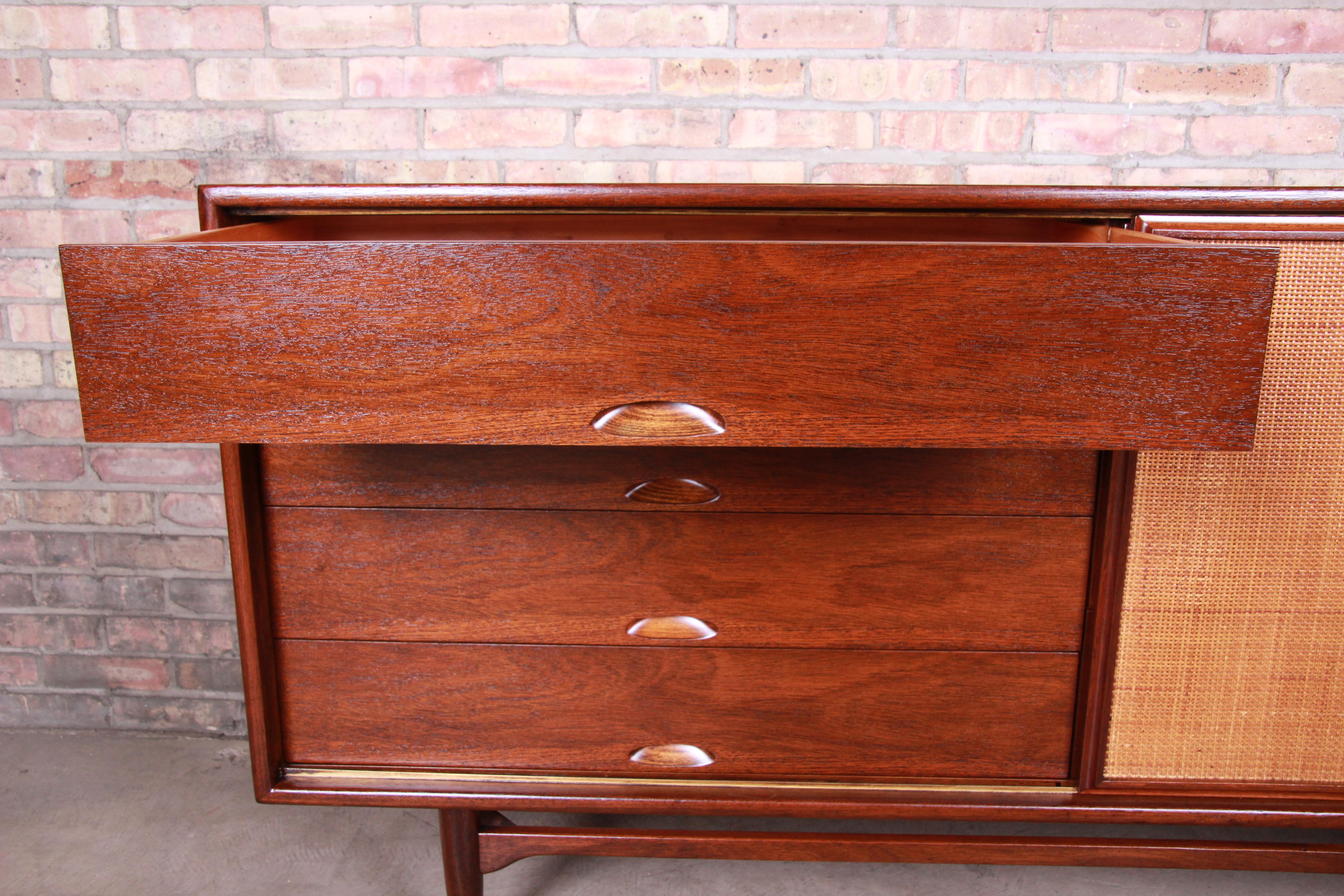 Danish Modern Walnut and Cane Credenza After Finn Juhl for Baker, Newly Restored 6
