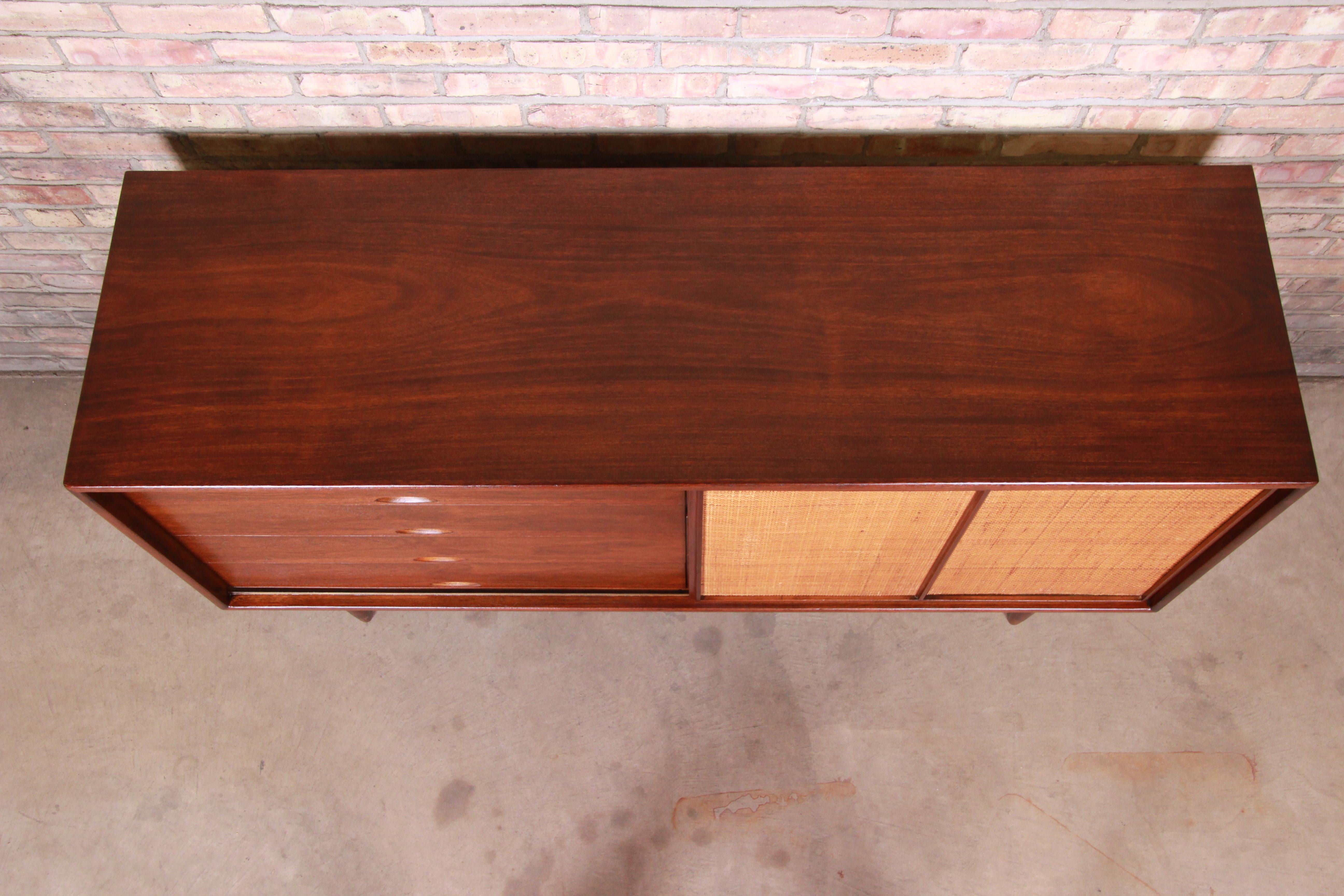 Danish Modern Walnut and Cane Credenza After Finn Juhl for Baker, Newly Restored 10