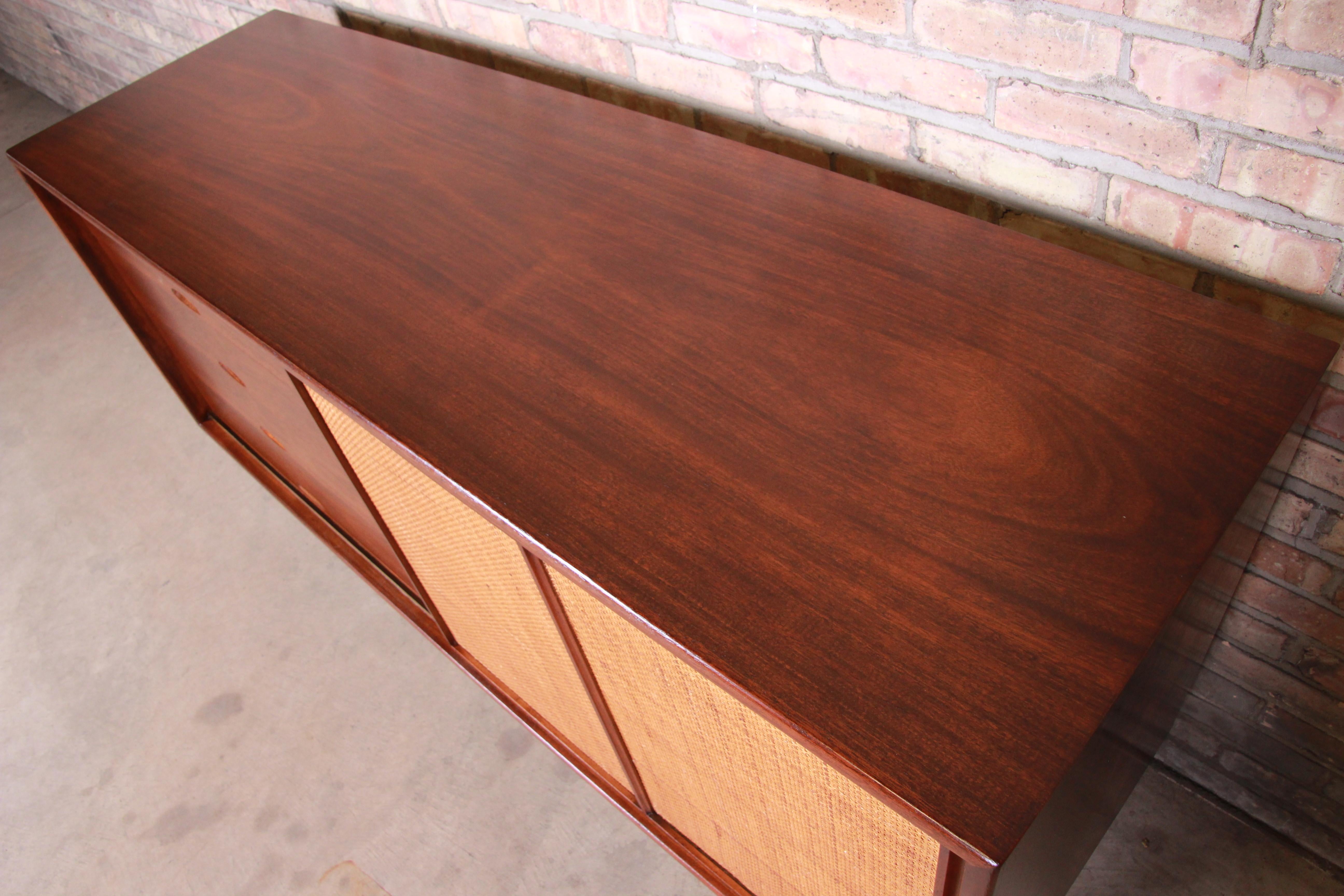 Danish Modern Walnut and Cane Credenza After Finn Juhl for Baker, Newly Restored 11