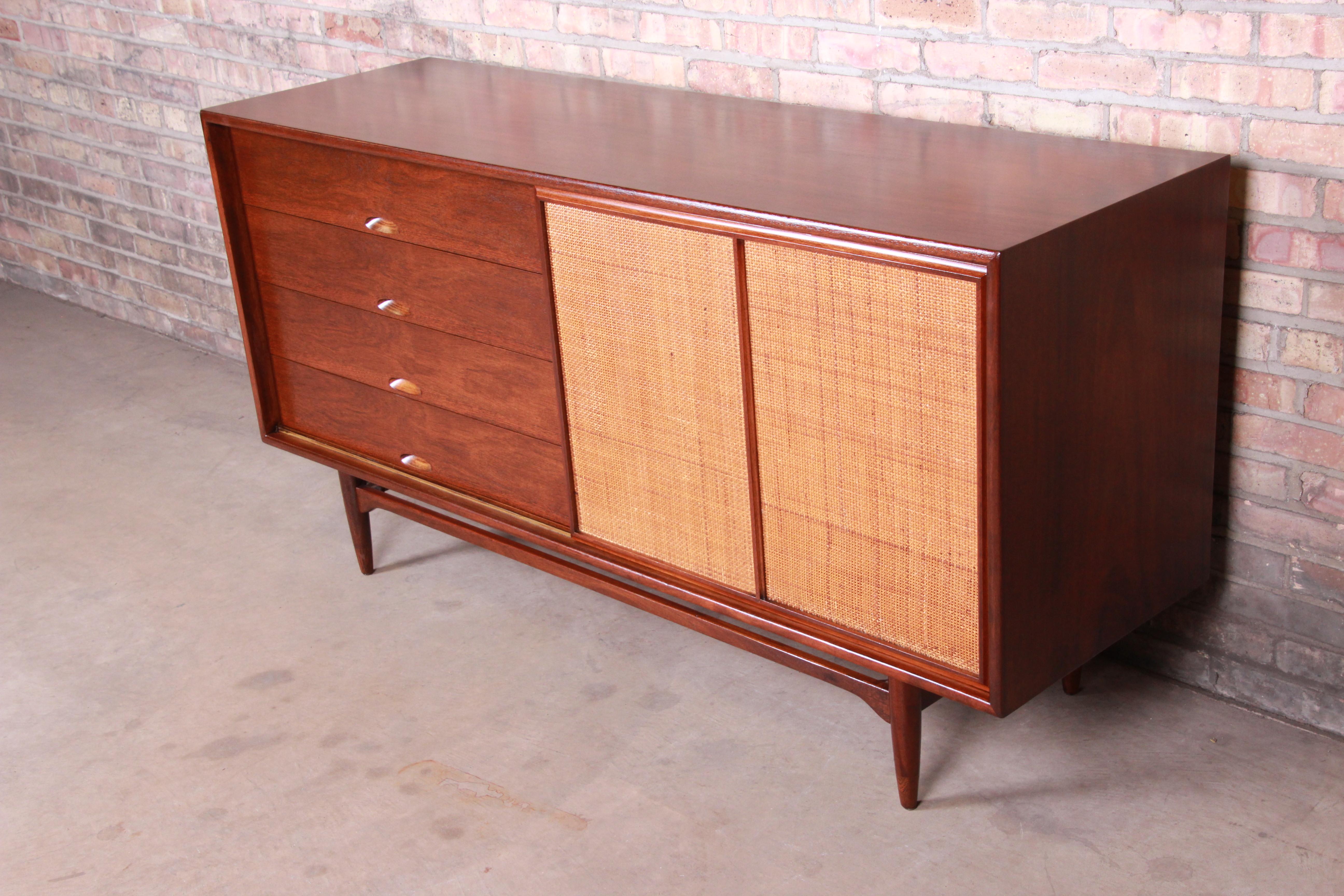 Mid-Century Modern Danish Modern Walnut and Cane Credenza After Finn Juhl for Baker, Newly Restored