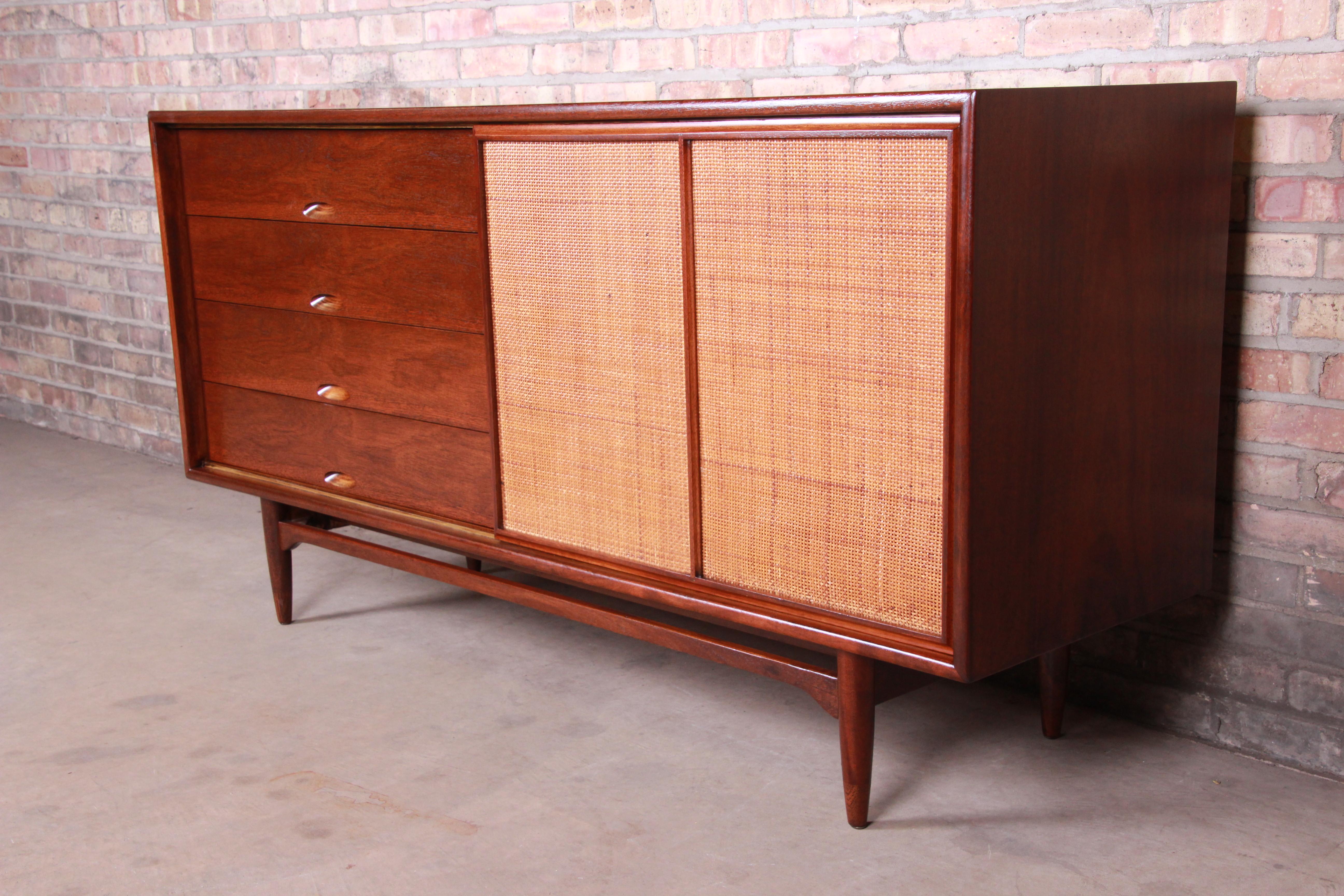 Danish Modern Walnut and Cane Credenza After Finn Juhl for Baker, Newly Restored In Good Condition In South Bend, IN
