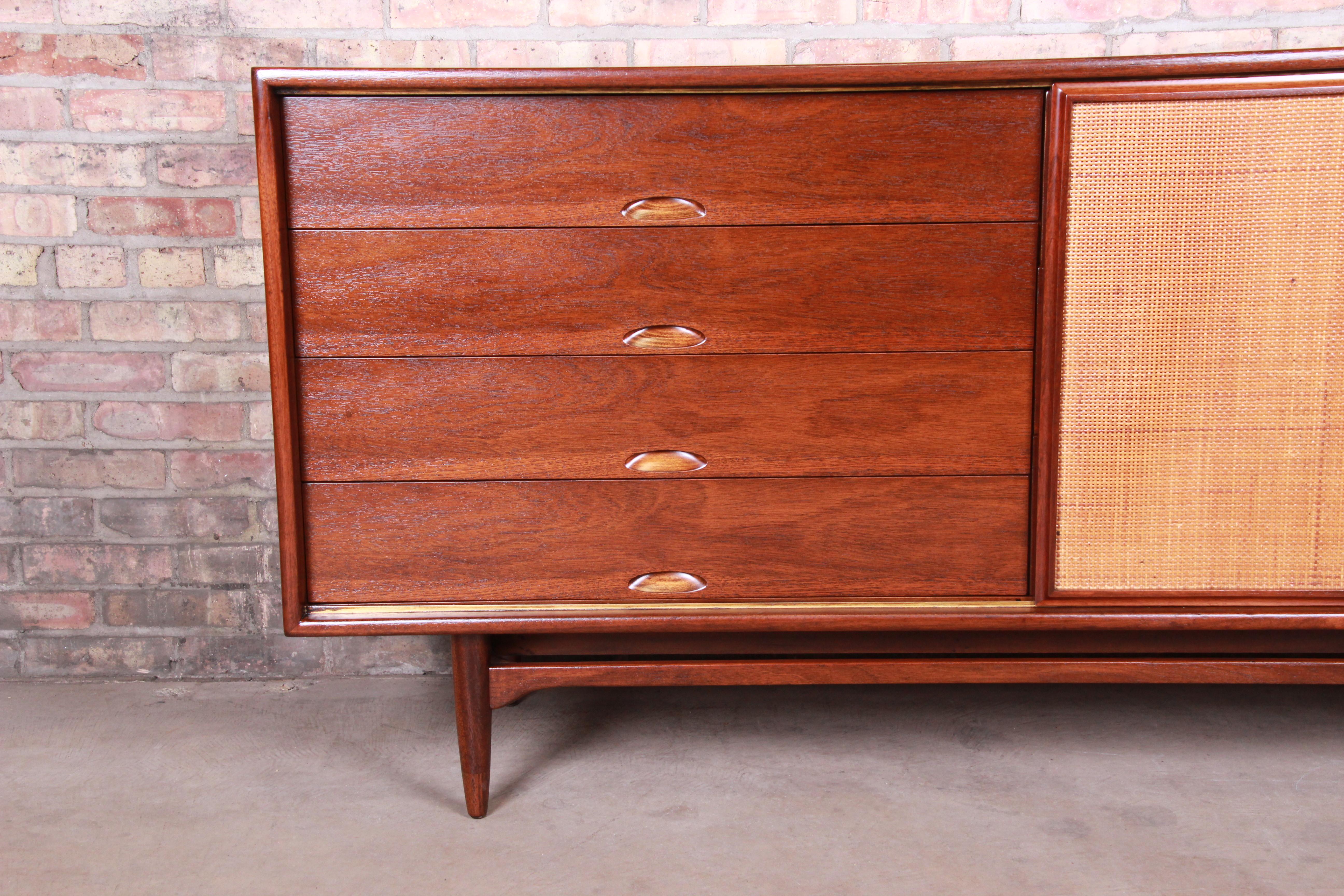 Danish Modern Walnut and Cane Credenza After Finn Juhl for Baker, Newly Restored 1