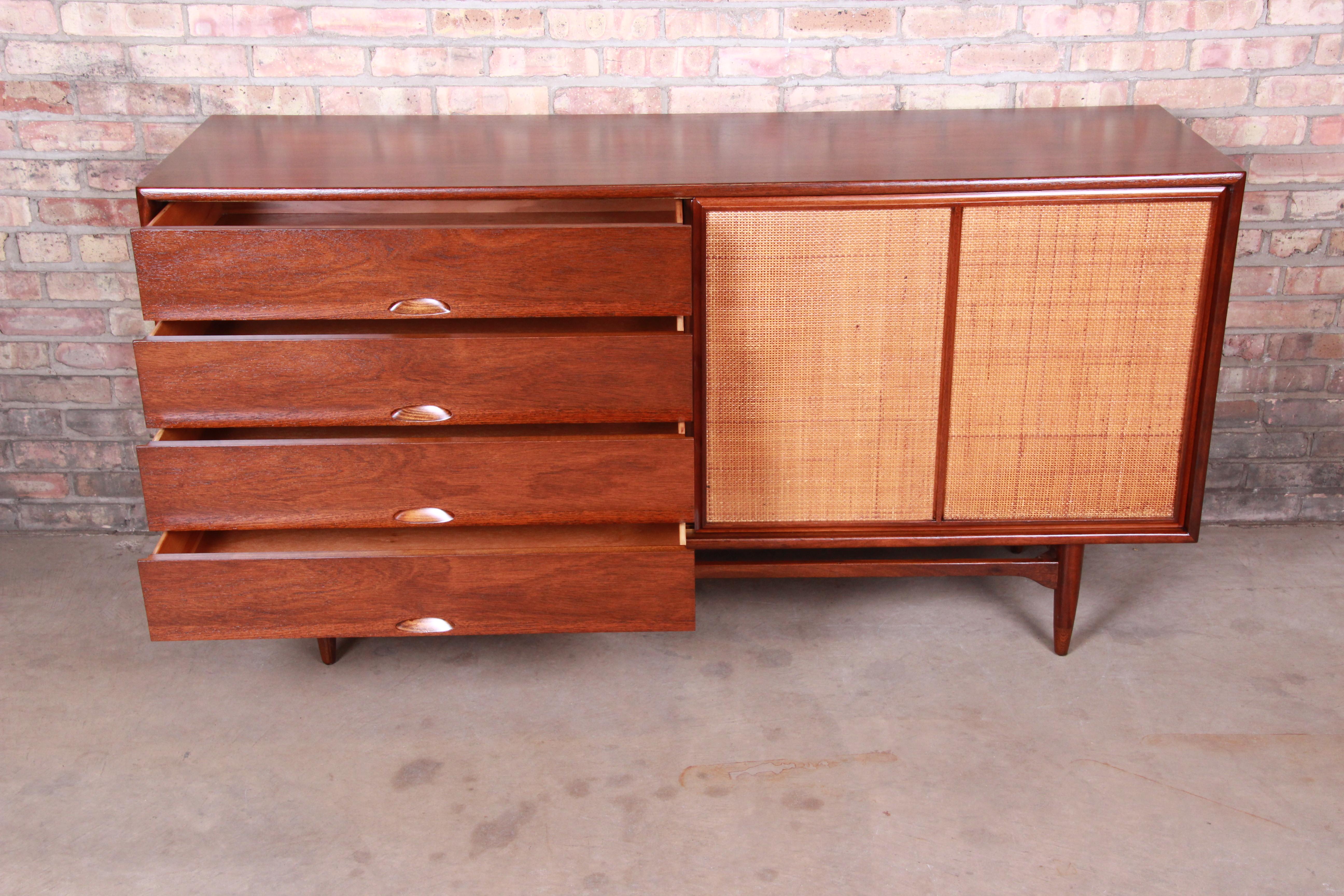Danish Modern Walnut and Cane Credenza After Finn Juhl for Baker, Newly Restored 3