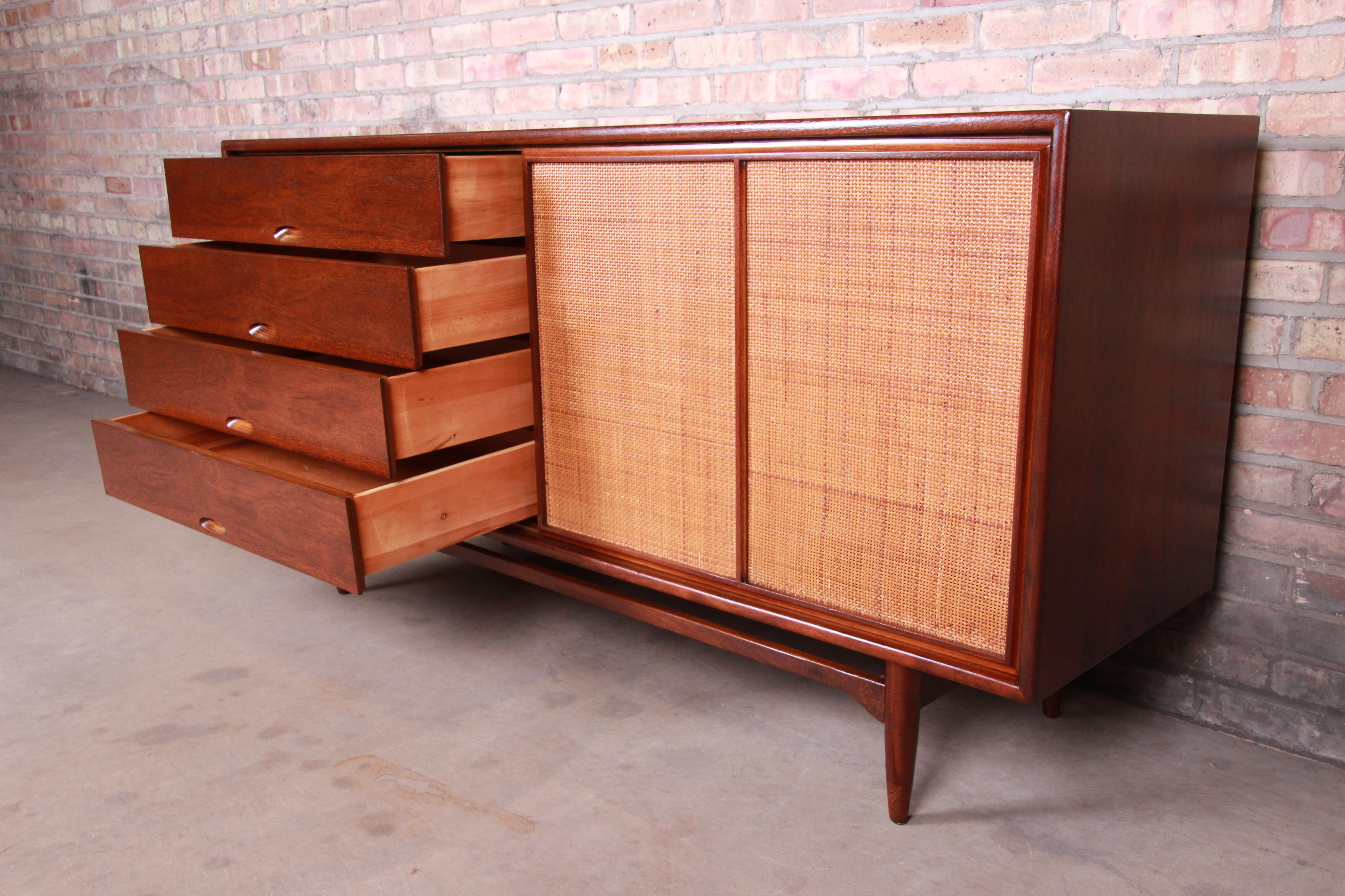 Danish Modern Walnut and Cane Credenza After Finn Juhl for Baker, Newly Restored 4