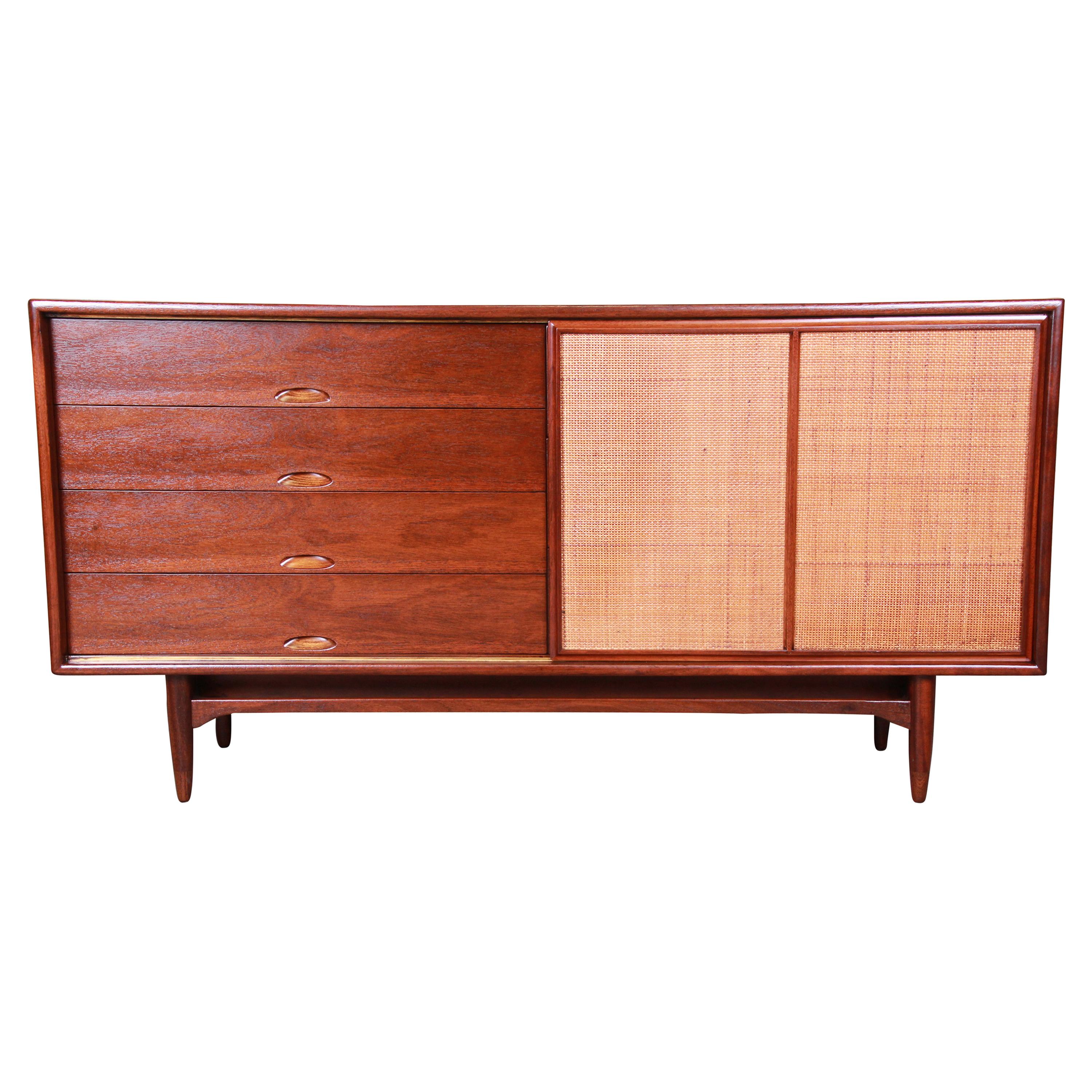 Danish Modern Walnut and Cane Credenza After Finn Juhl for Baker, Newly Restored