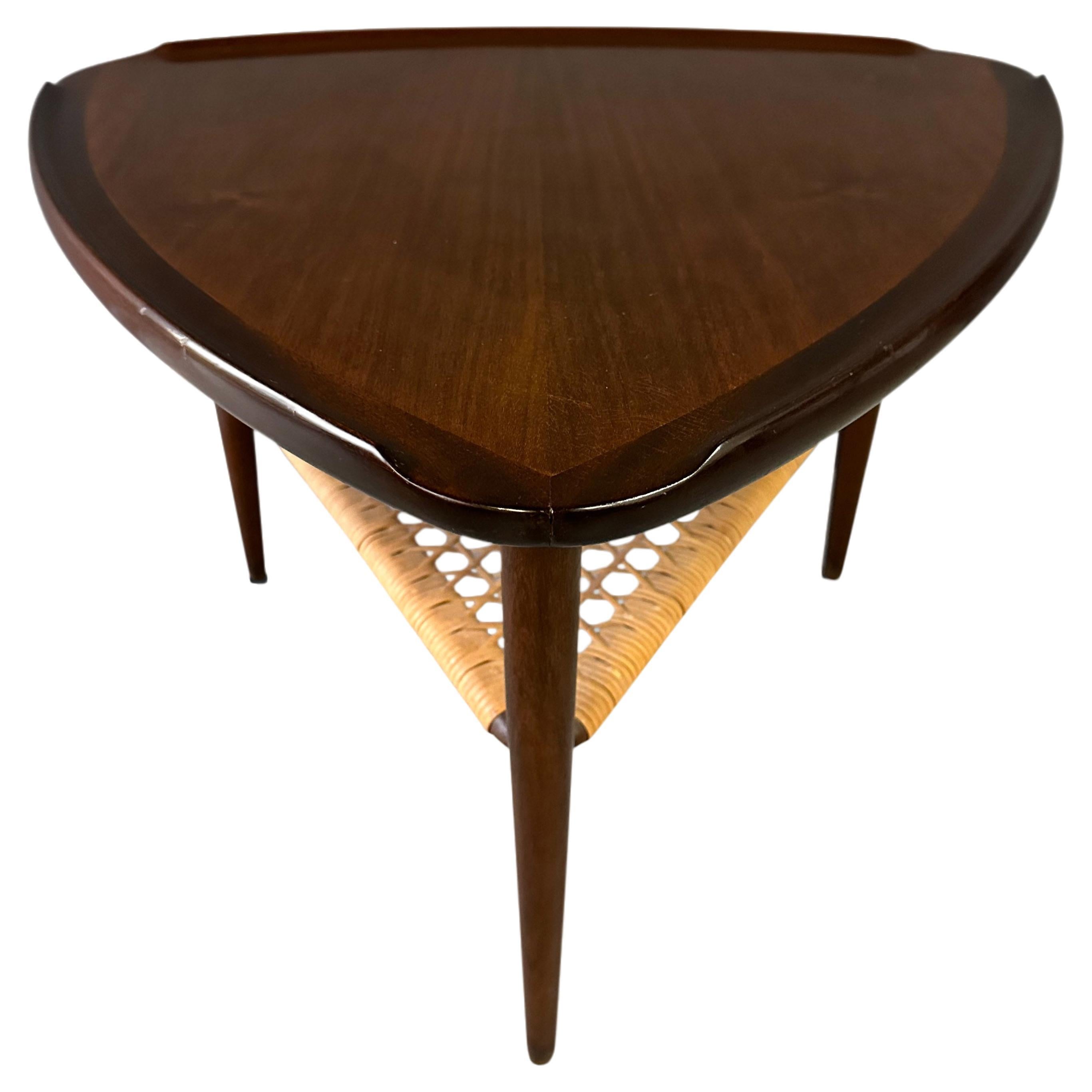 Danish Modern Walnut and Cane Selig Occasional Triangle End Table by Poul Jensen For Sale