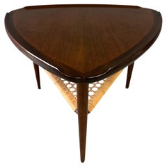 Danish Modern Walnut and Cane Selig Occasional Triangle End Table by Poul Jensen