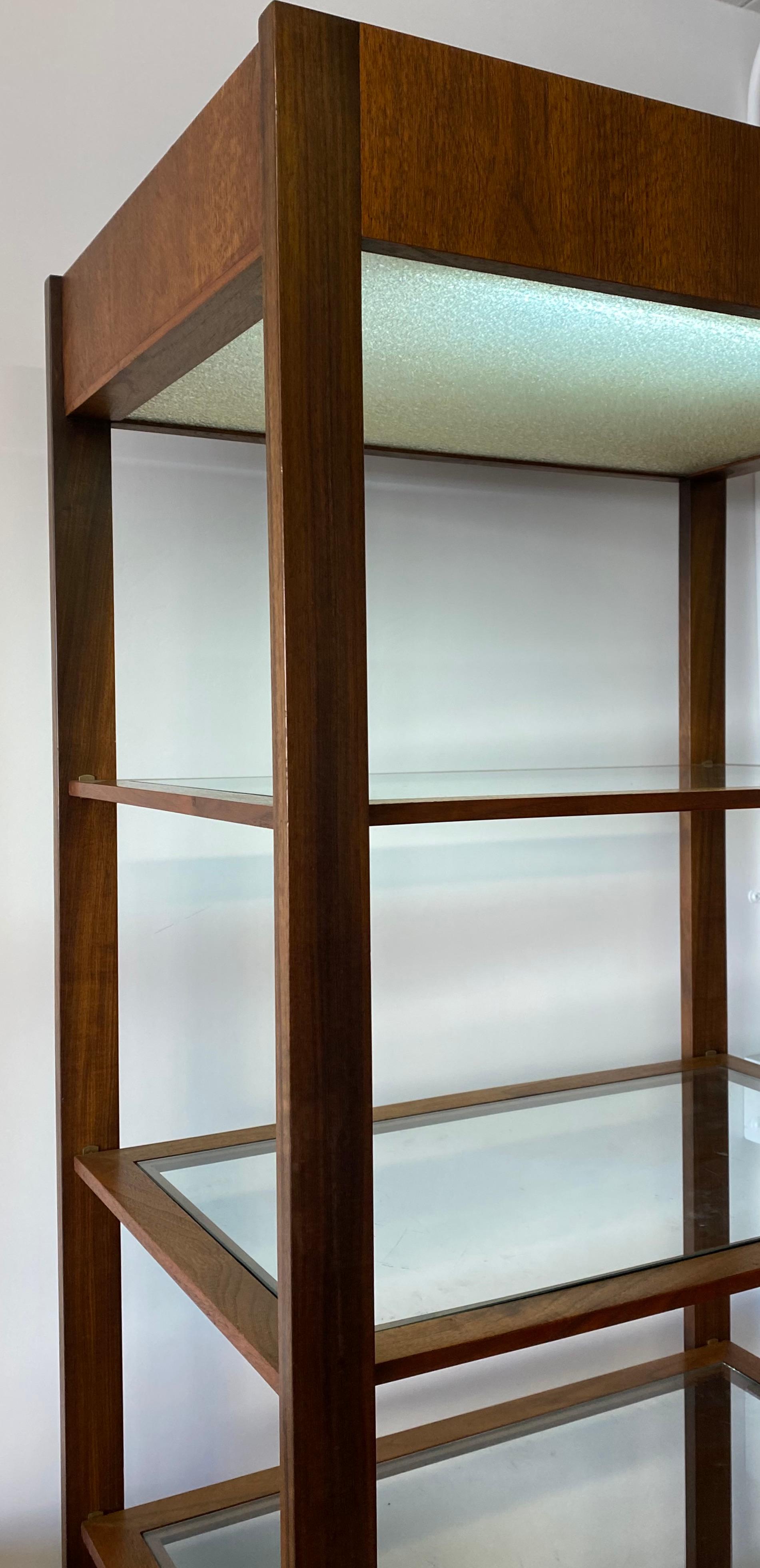 Hand-Crafted Danish Modern Walnut Cabinet with Glass Shelves and Lighting, circa 1960