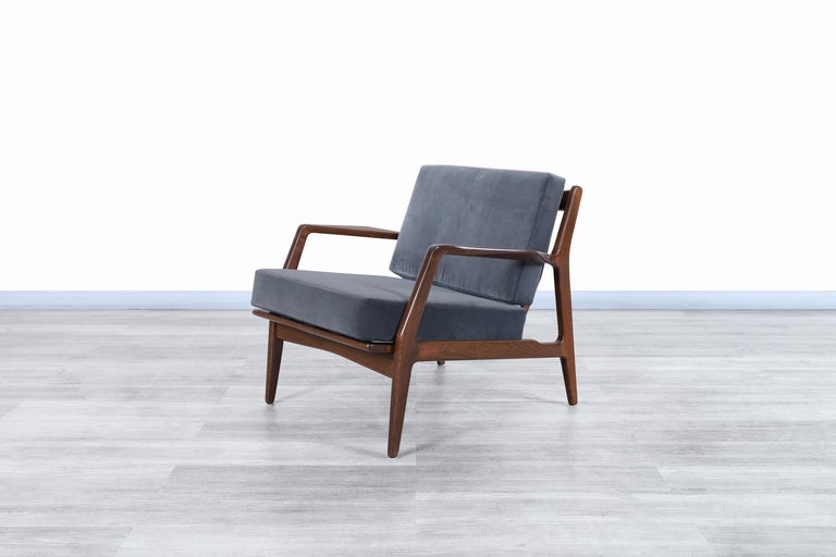 Velvet Danish Modern Walnut Lounge Chairs by Ib Kofod Larsen for Selig