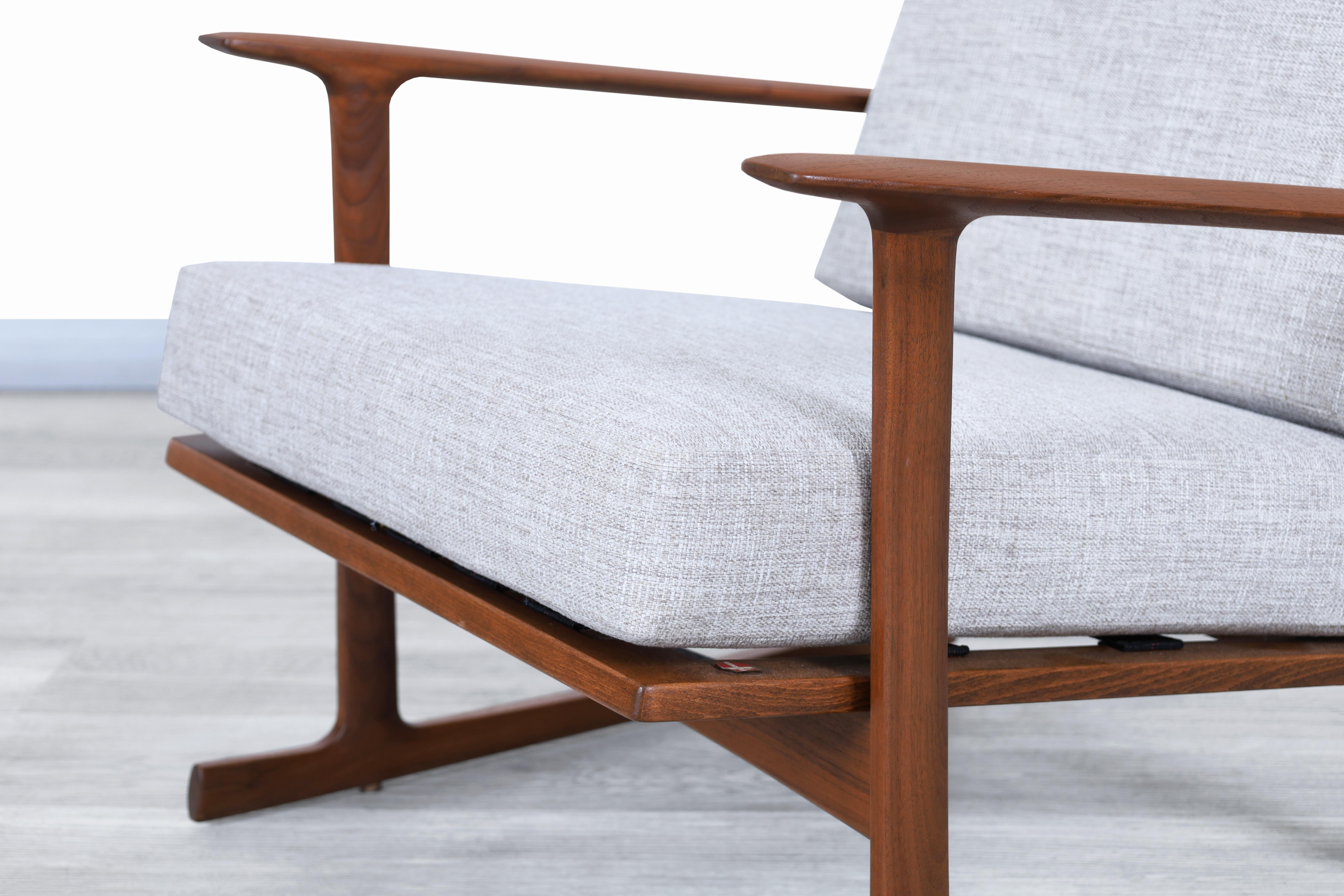 Fabric Danish Modern Walnut Lounge Chairs by Ib Kofod Larsen for Selig For Sale
