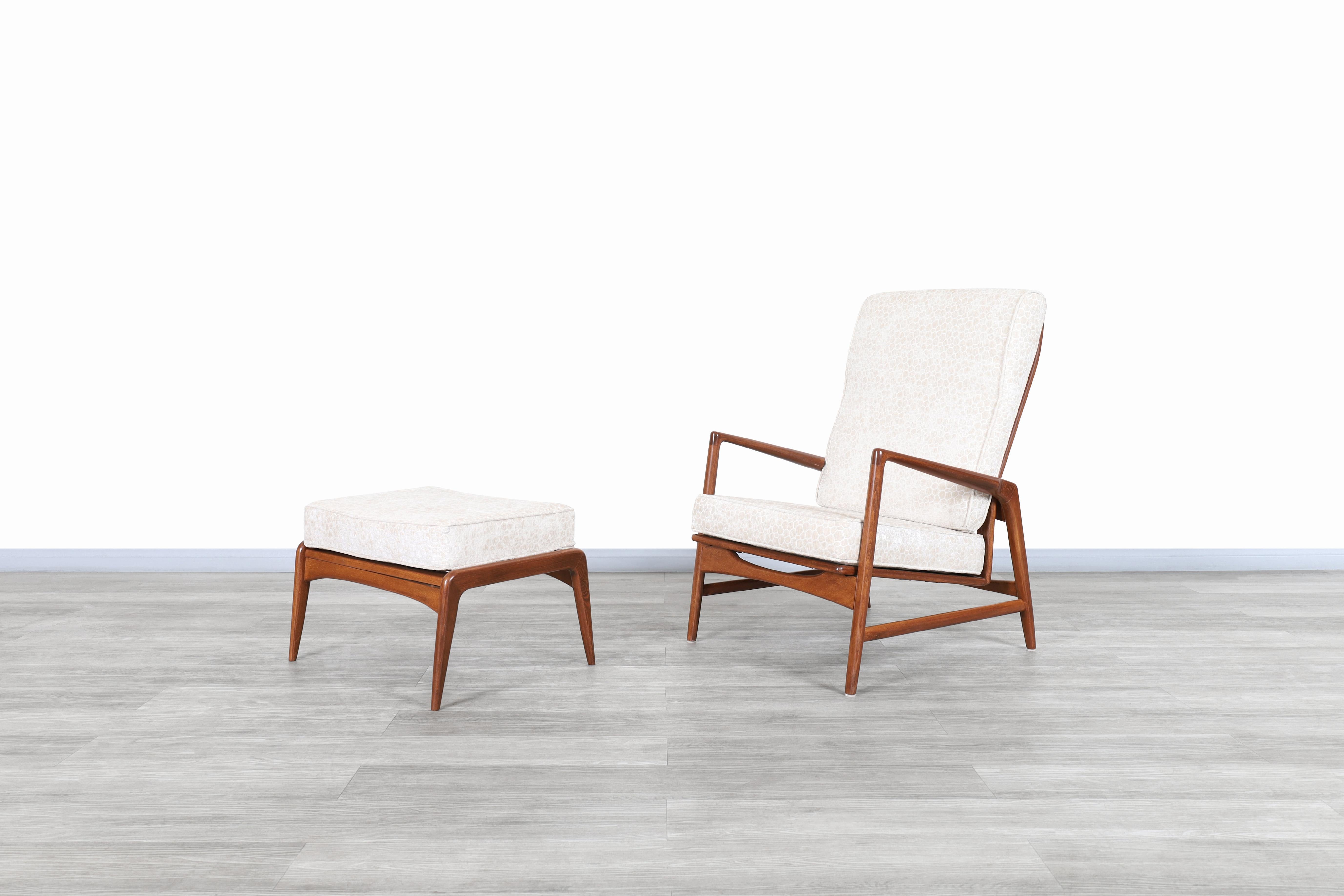 Amazing Danish walnut reclining lounge chairs and ottoman designed by Ib Kofod for Selig in Denmark, circa 1960s. Both the chair and the ottoman have a stained walnut frame that's been handcrafted. The chair has a mechanism that will allow you to