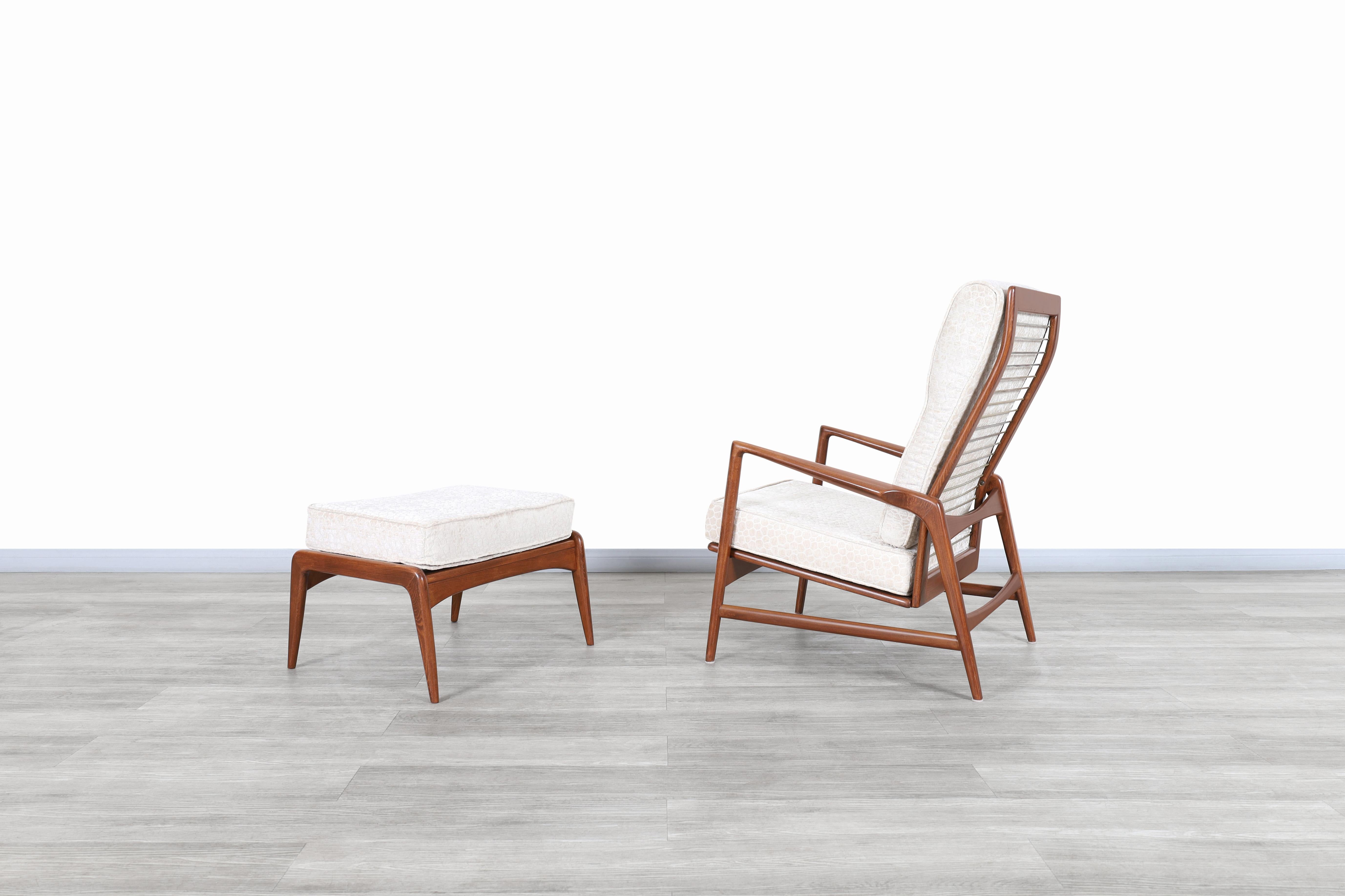 Mid-Century Modern Danish Modern Walnut Reclining Lounge Chair and Ottoman by Ib Kofod Larsen For Sale