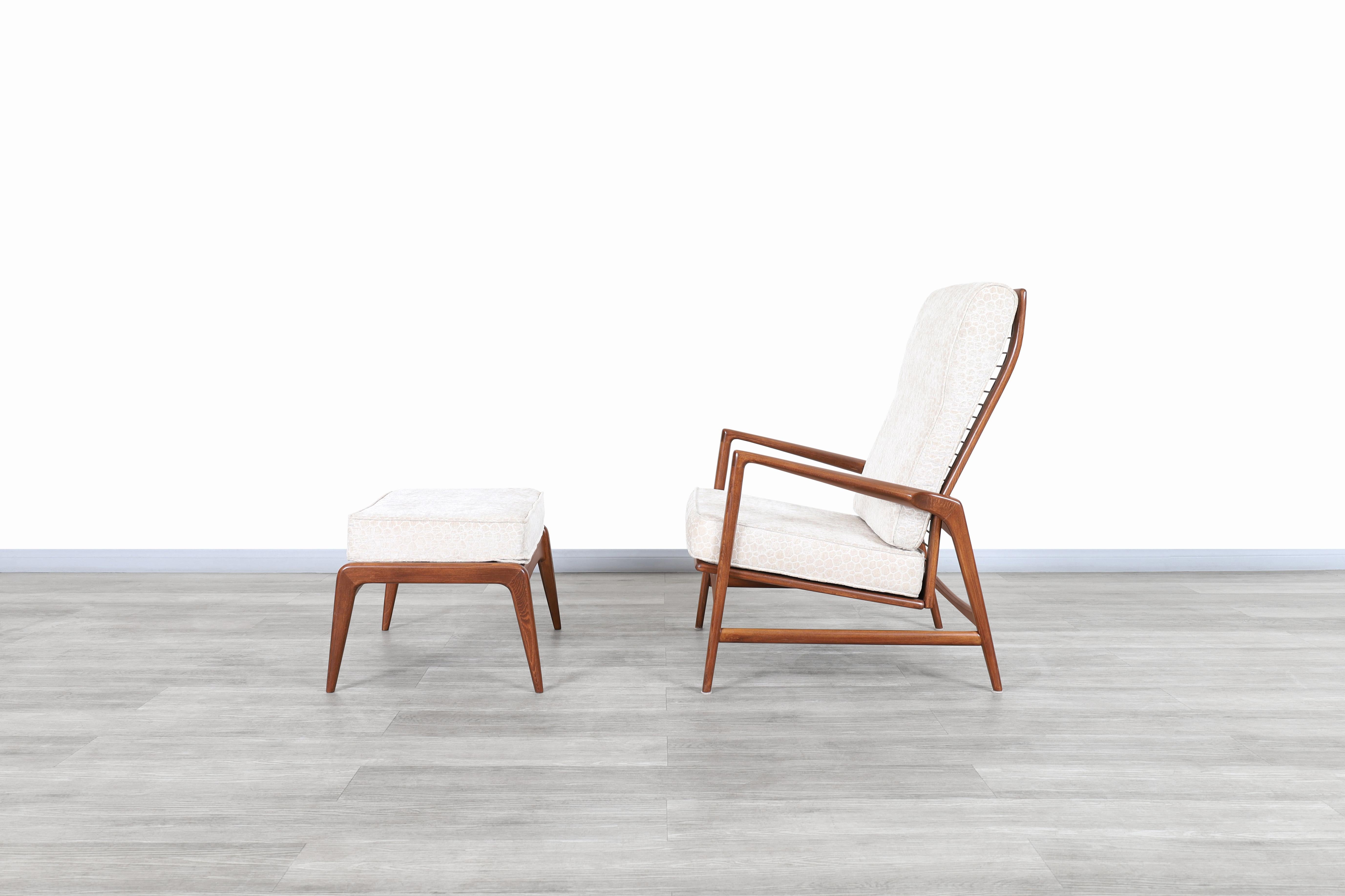 Mid-20th Century Danish Modern Walnut Reclining Lounge Chair and Ottoman by Ib Kofod Larsen For Sale