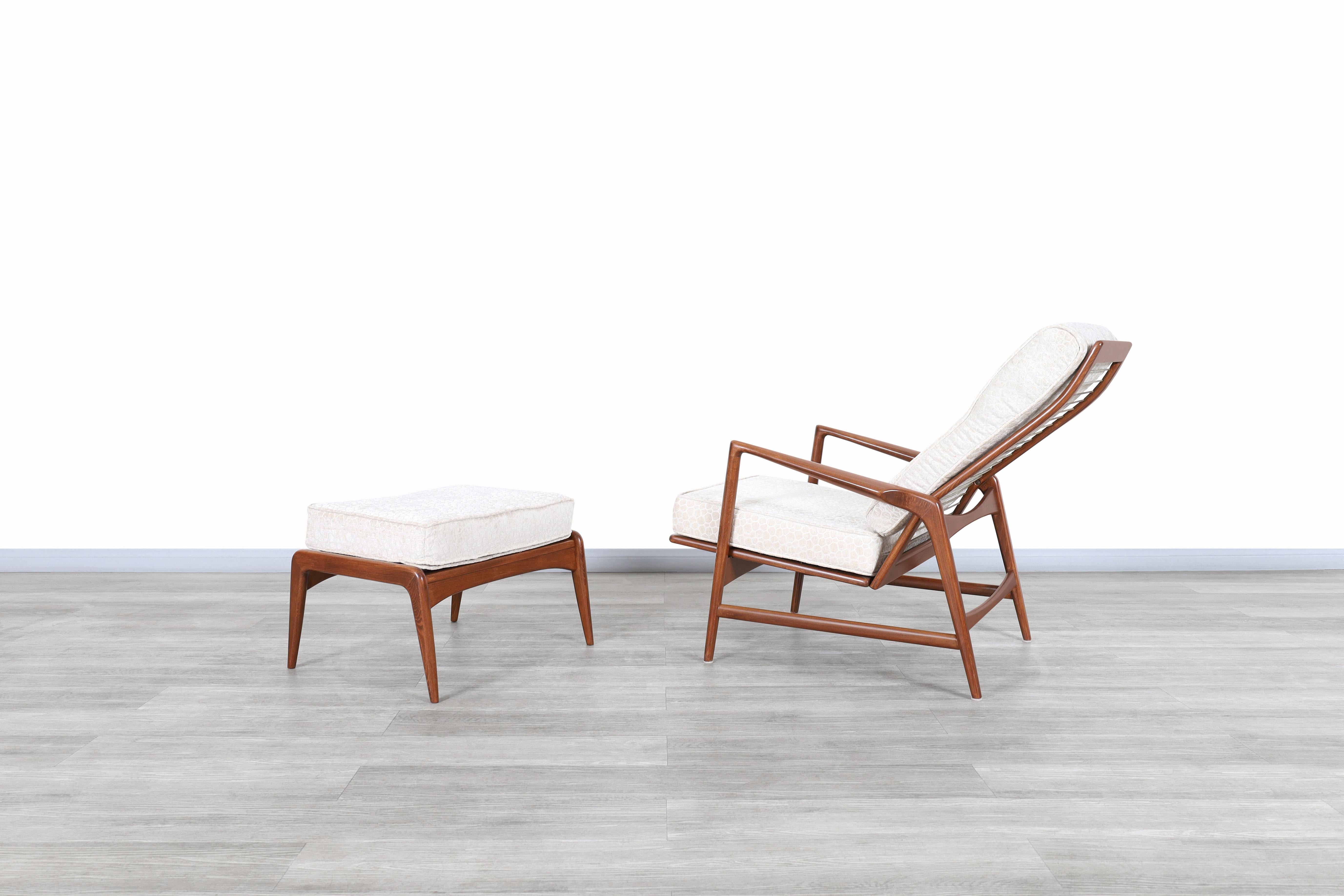 Mid-20th Century Danish Modern Walnut Reclining Lounge Chair and Ottoman by Ib Kofod Larsen