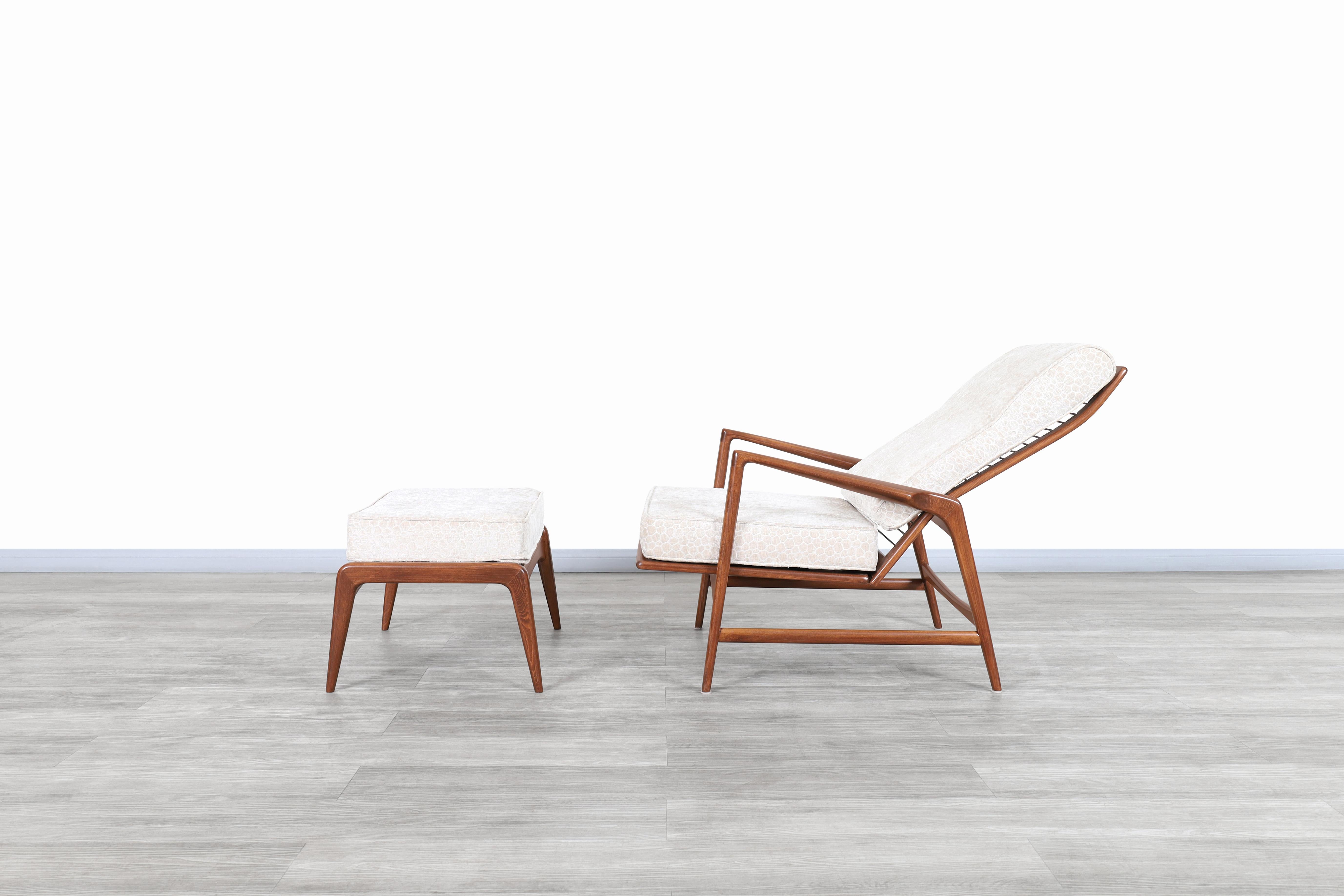 Velvet Danish Modern Walnut Reclining Lounge Chair and Ottoman by Ib Kofod Larsen