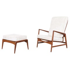 Danish Modern Walnut Reclining Lounge Chair and Ottoman by Ib Kofod Larsen